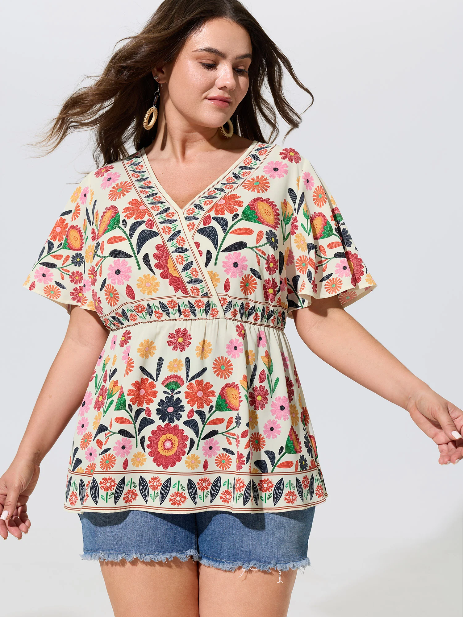 V Neck Colorful Floral Print Babydoll Blouse