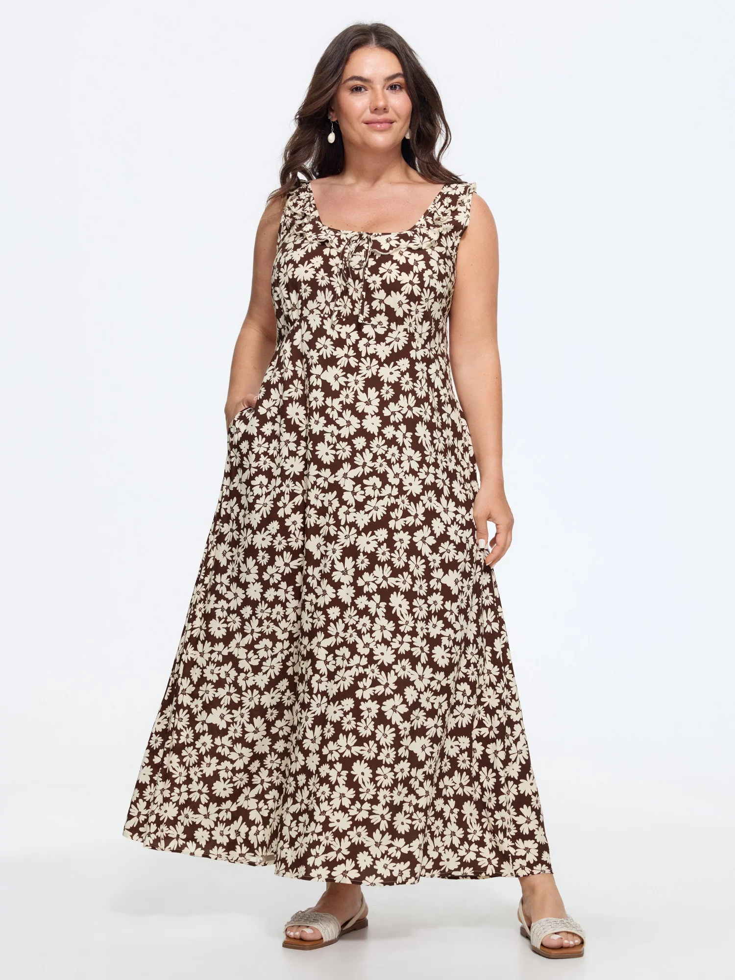 Supersoft Daisy Print Ruffle Tie Neck Maxi Dress