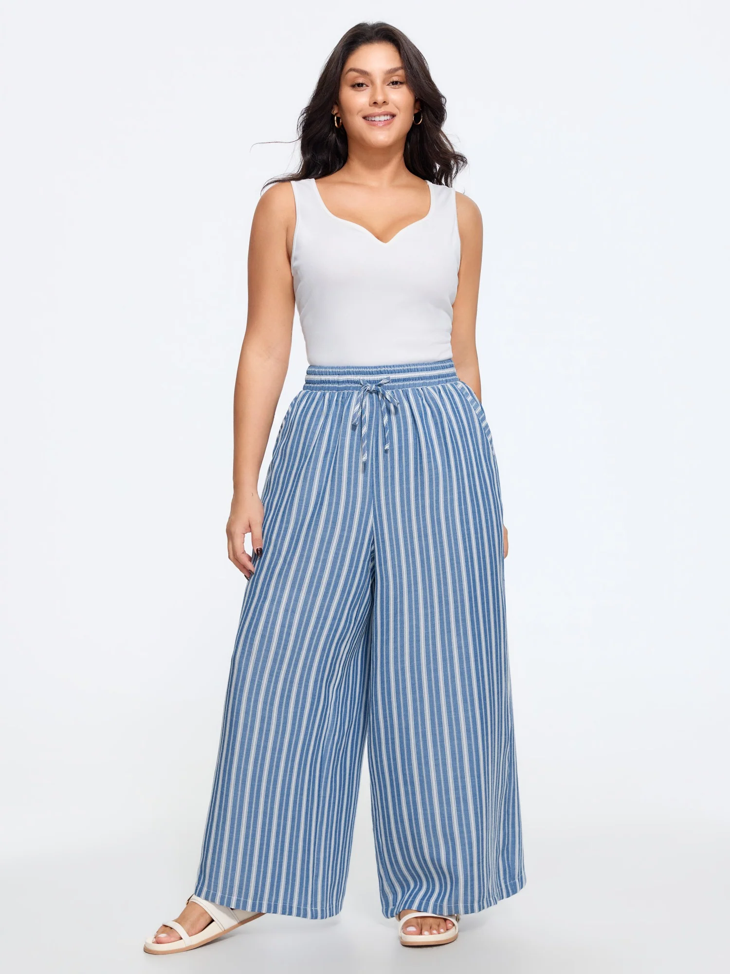 Color Contrast Stripe Drawstring Wide Leg Pants