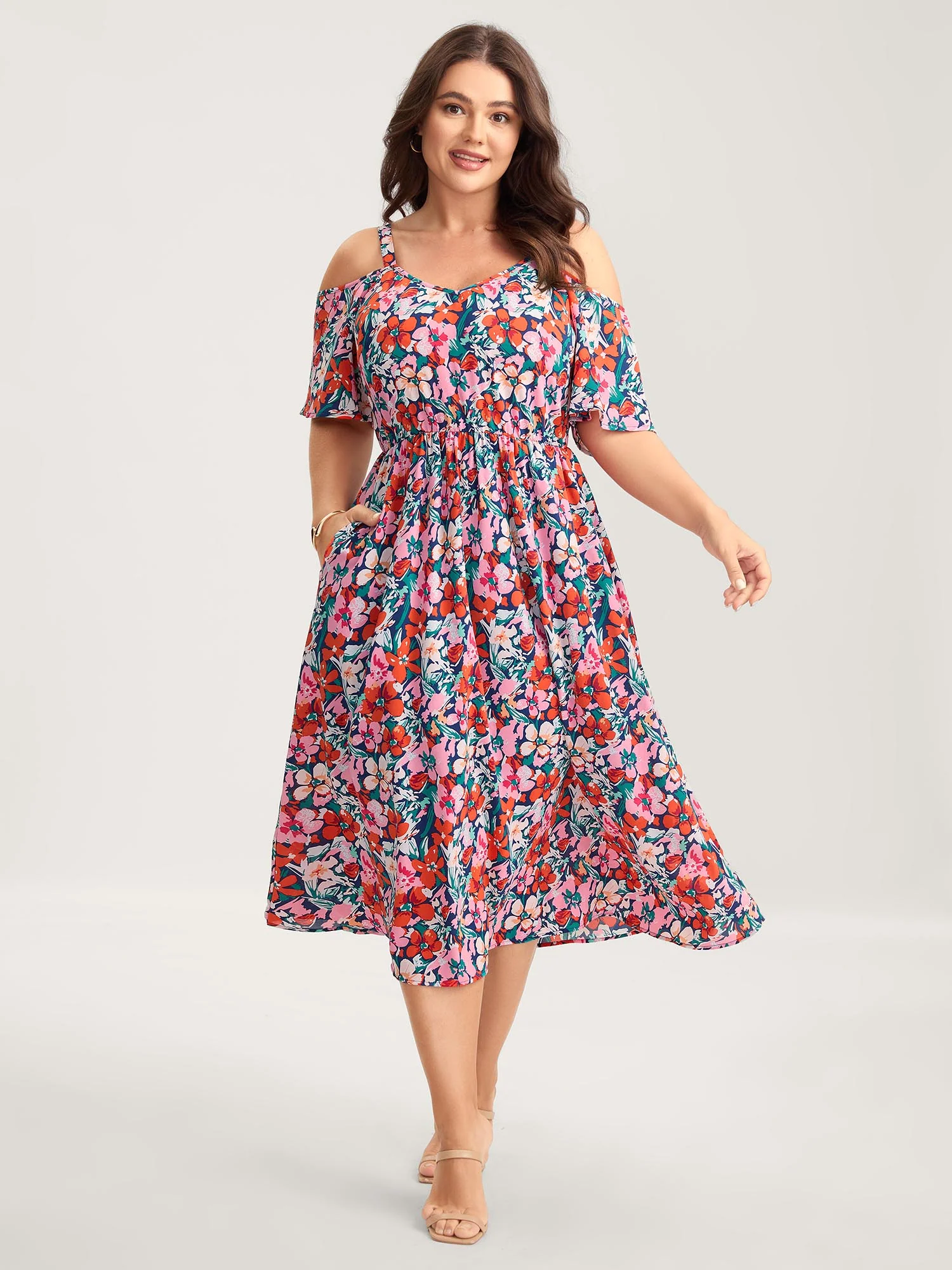 Floral Print Off-Shoulder Pockets Midi Dress