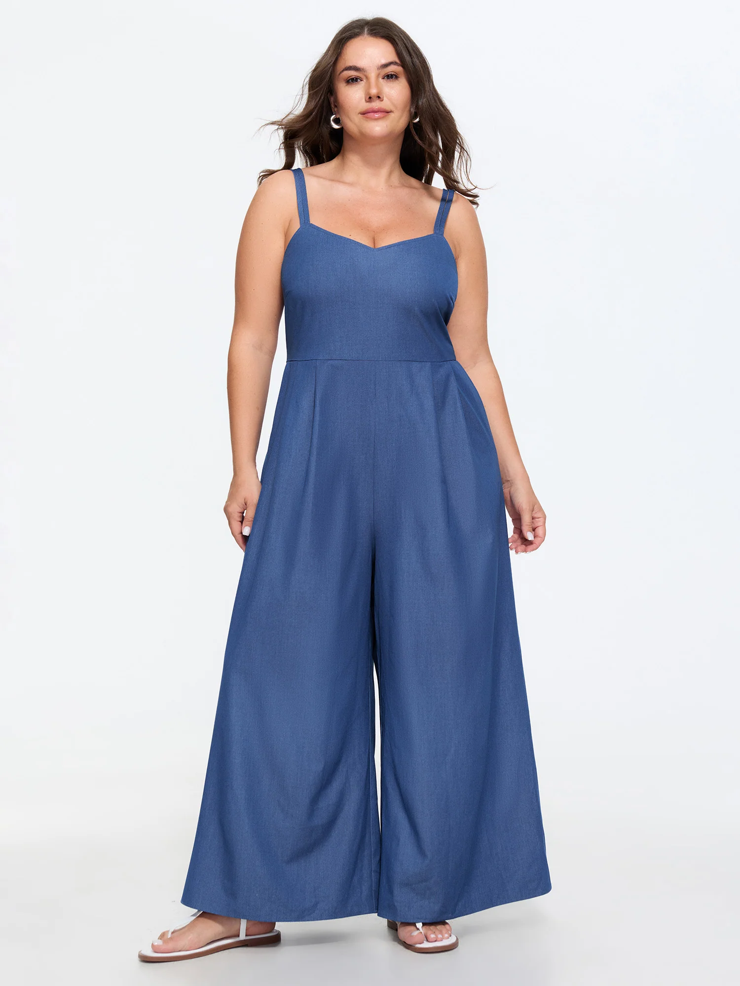 Supersoft Pleated Sleeveless Faux Denim Jumpsuit