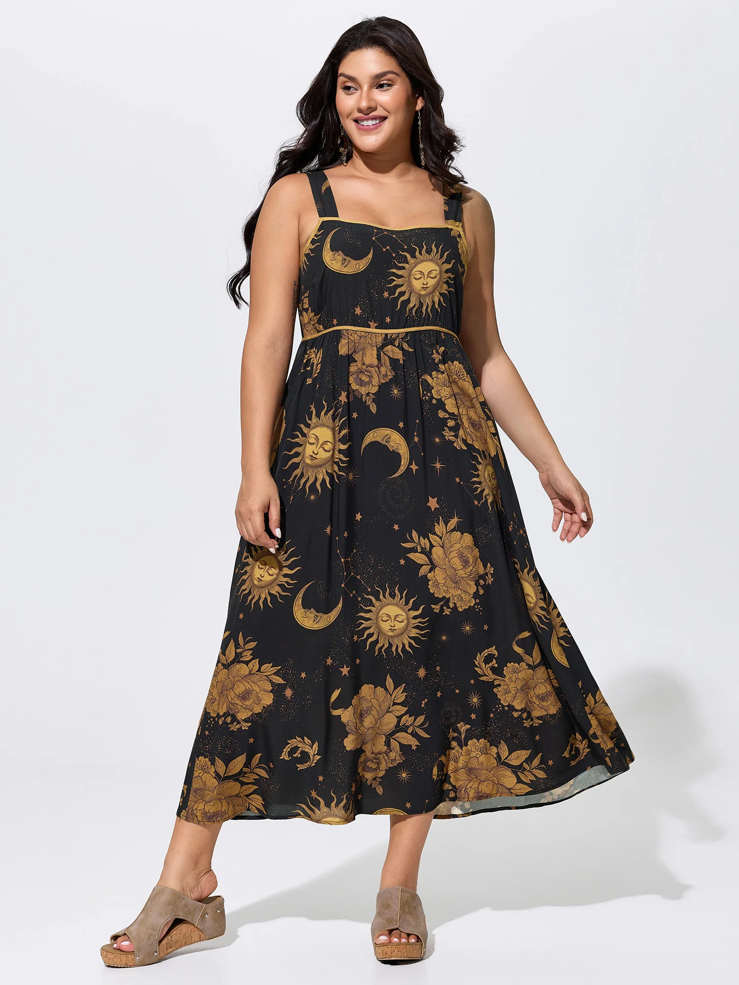 Celestial Print Wide Straps Midi Dress
