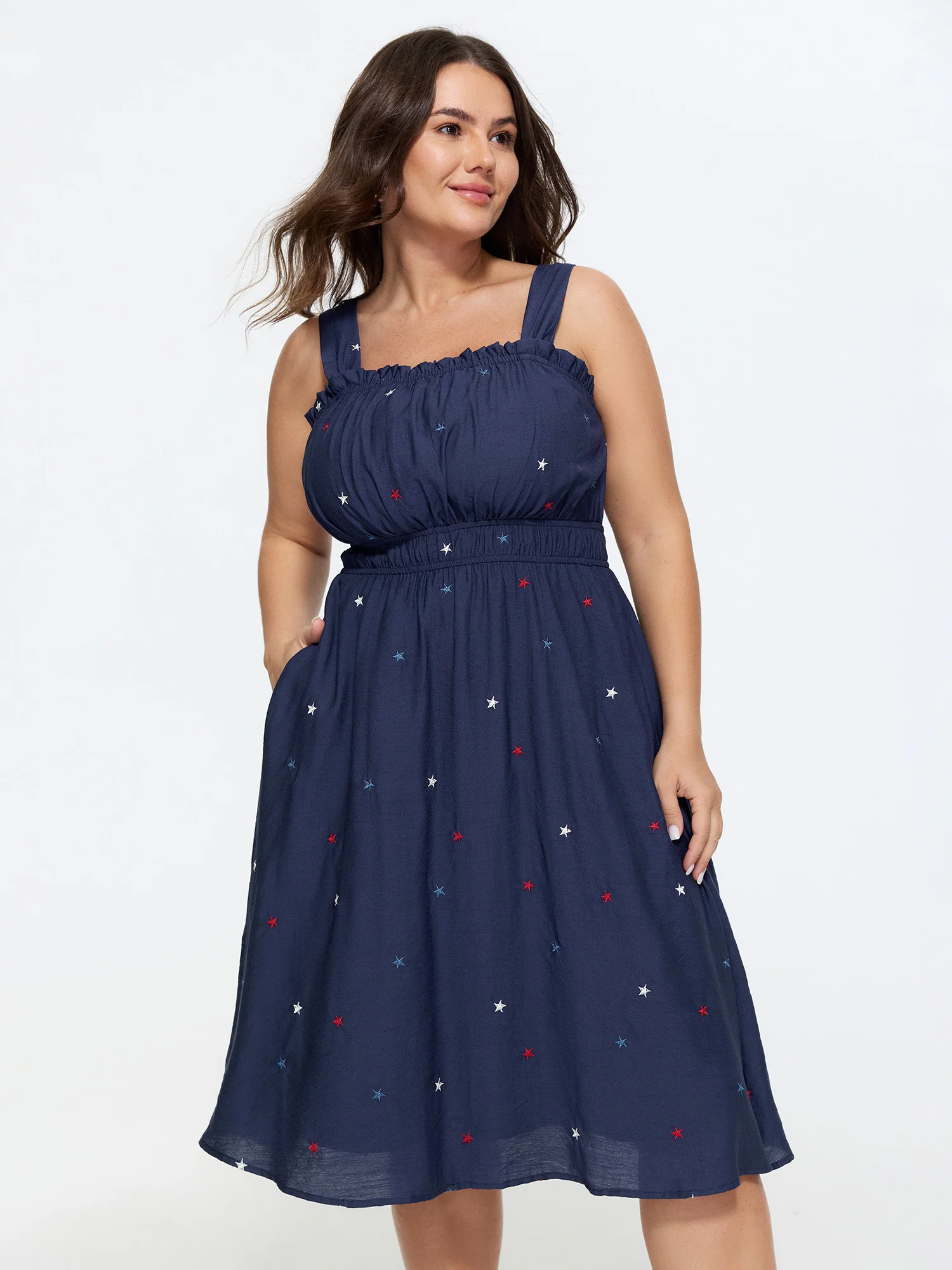 Supersoft Colorful Star Embroidered Wide Strap Midi Dress
