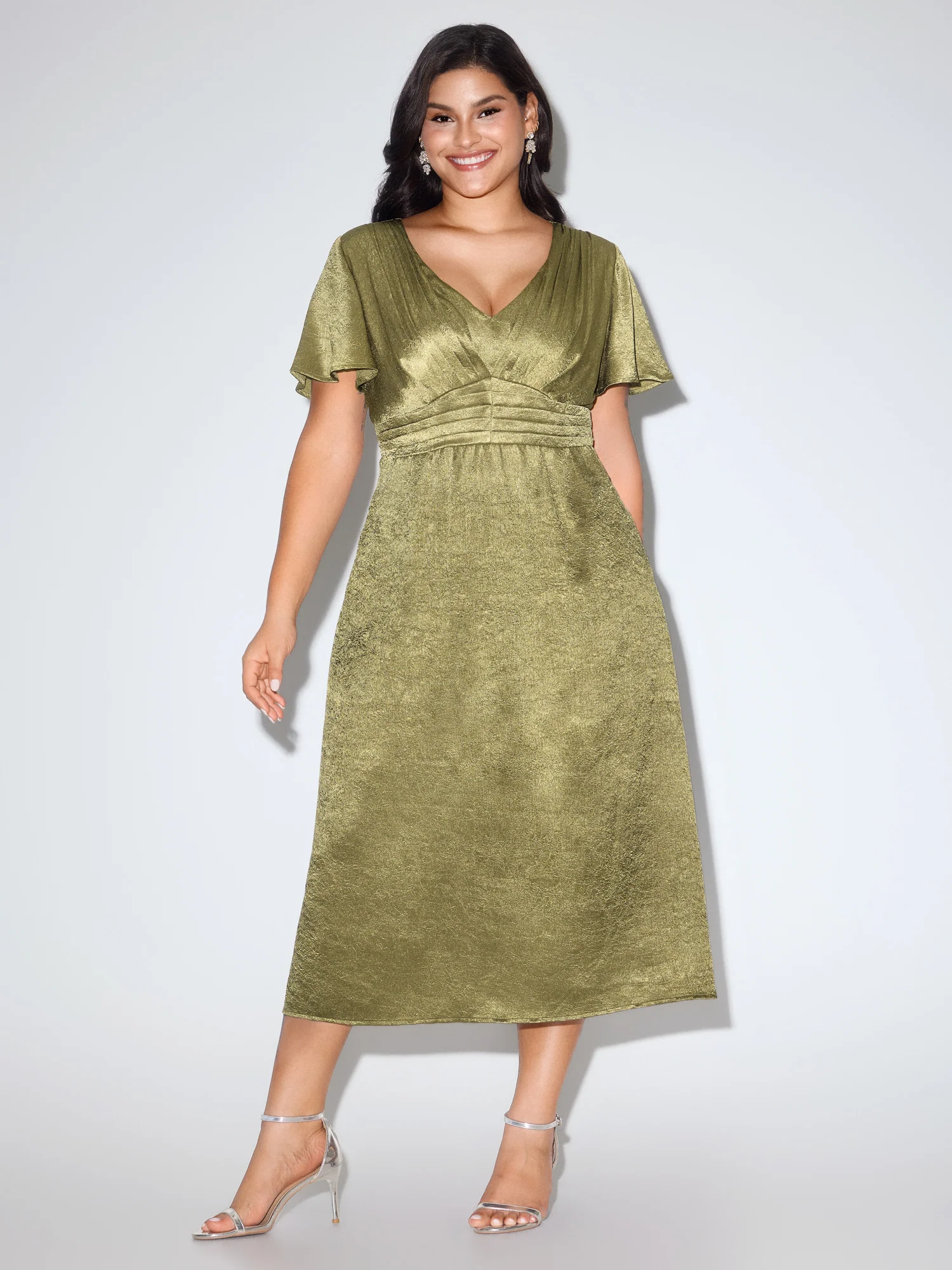 Shimmery Flared Sleeve V-Neck Midi Party Dress