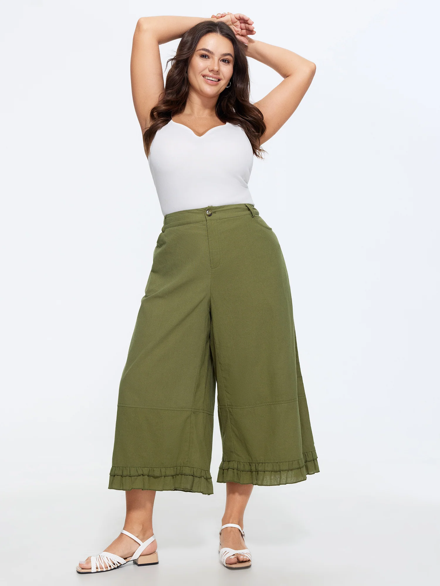 Cotton Ruffled Hem Wide-Leg Pants