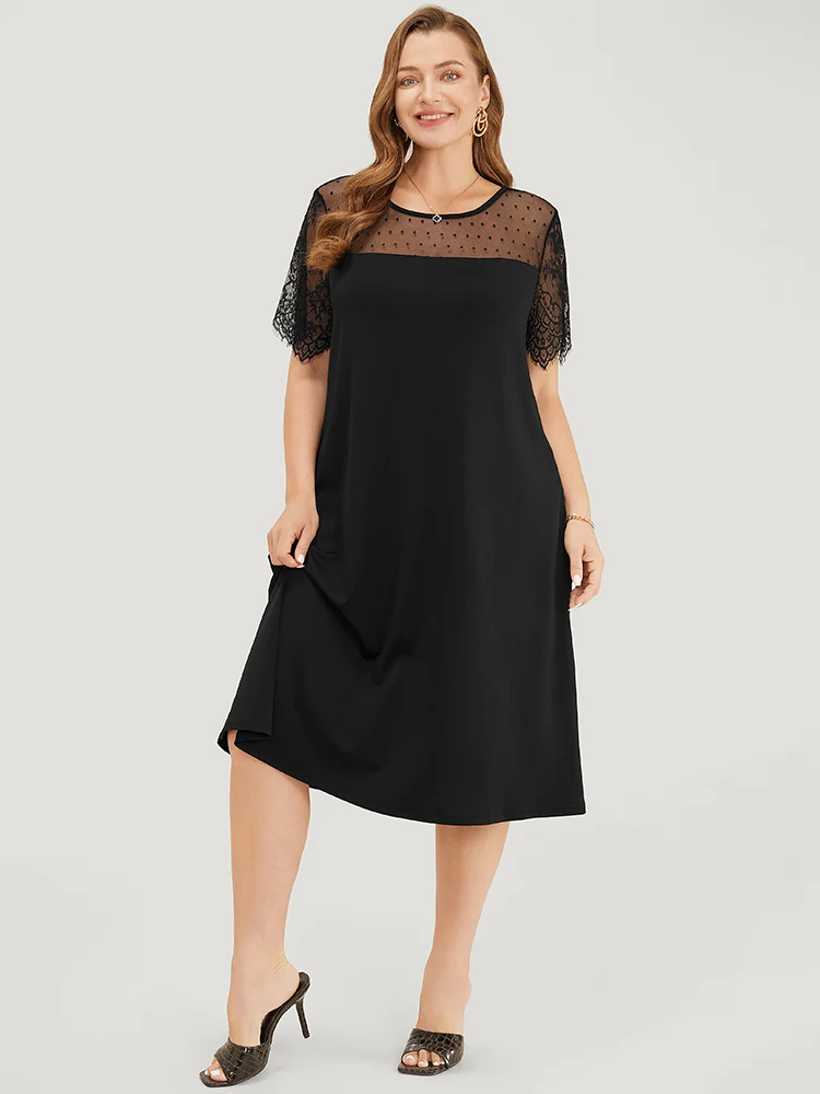Plain Pocket Lace Mesh Patchwork Dress