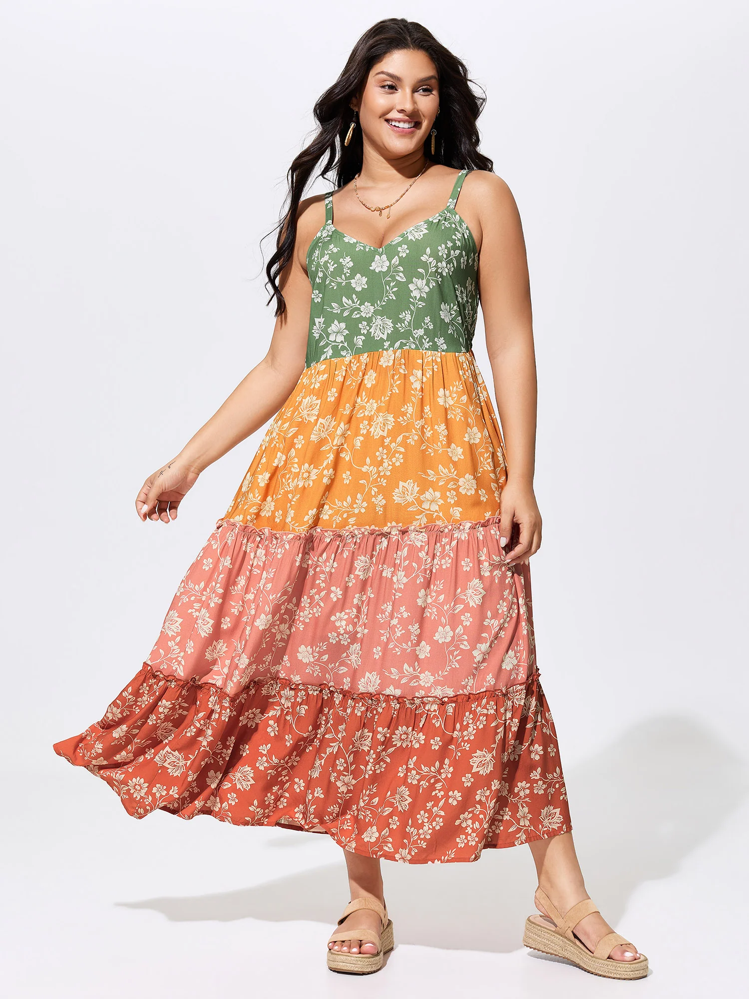 Color Contrast Floral Print Cami Midi Dress
