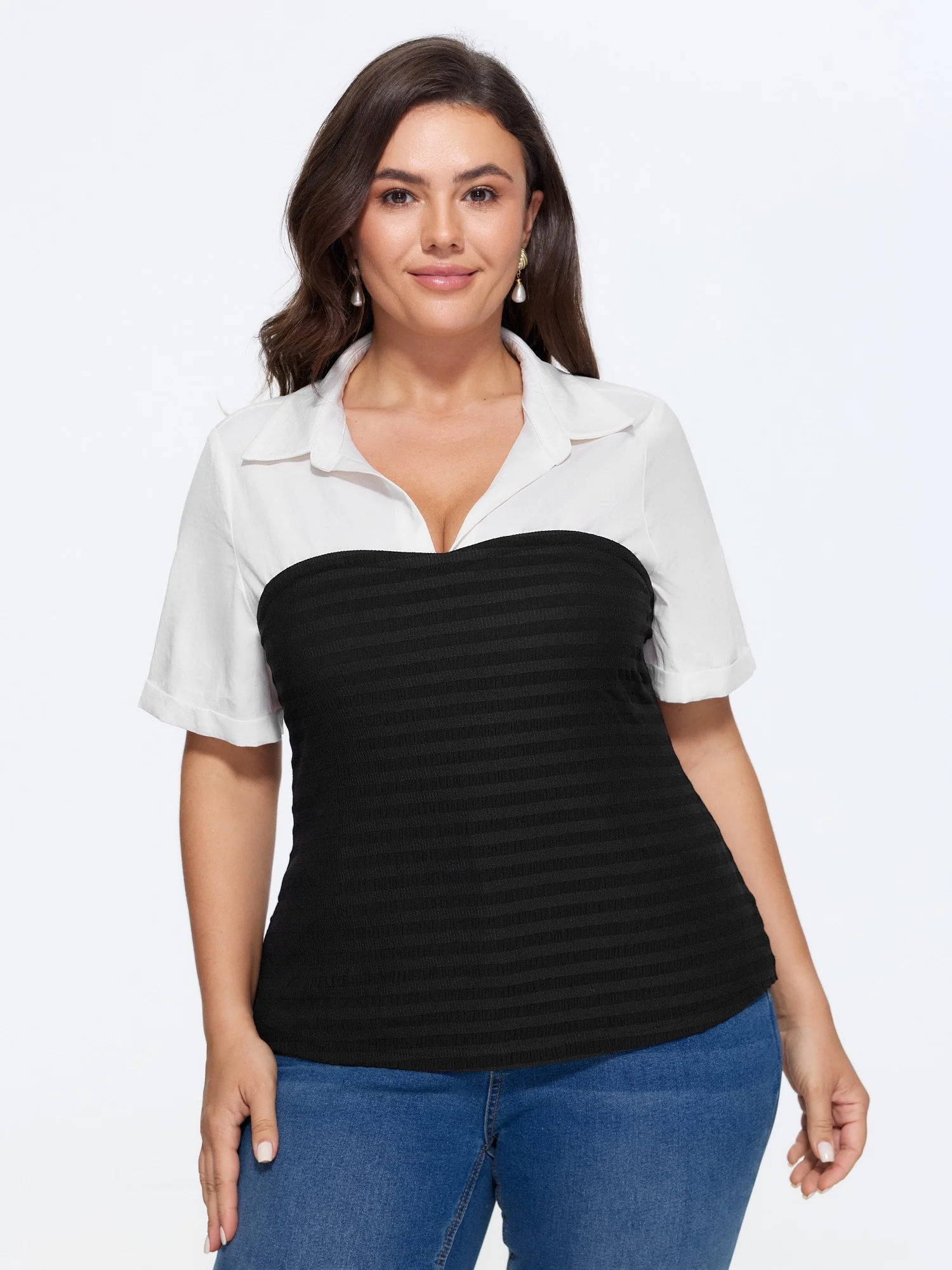 Shirt Collar Color Block Patchwork Top
