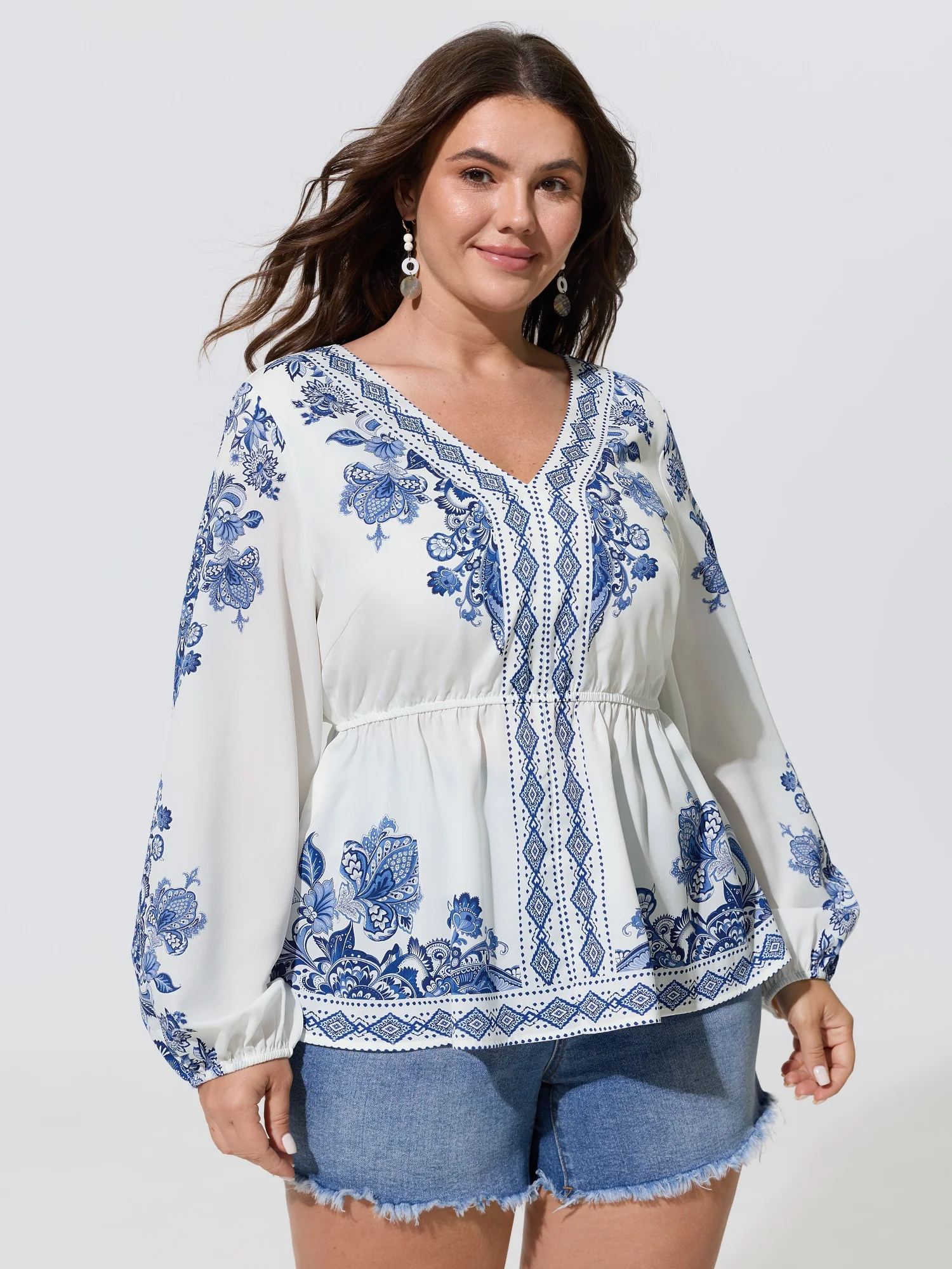 Porcelain Floral Print V Neck Chiffon Blouse