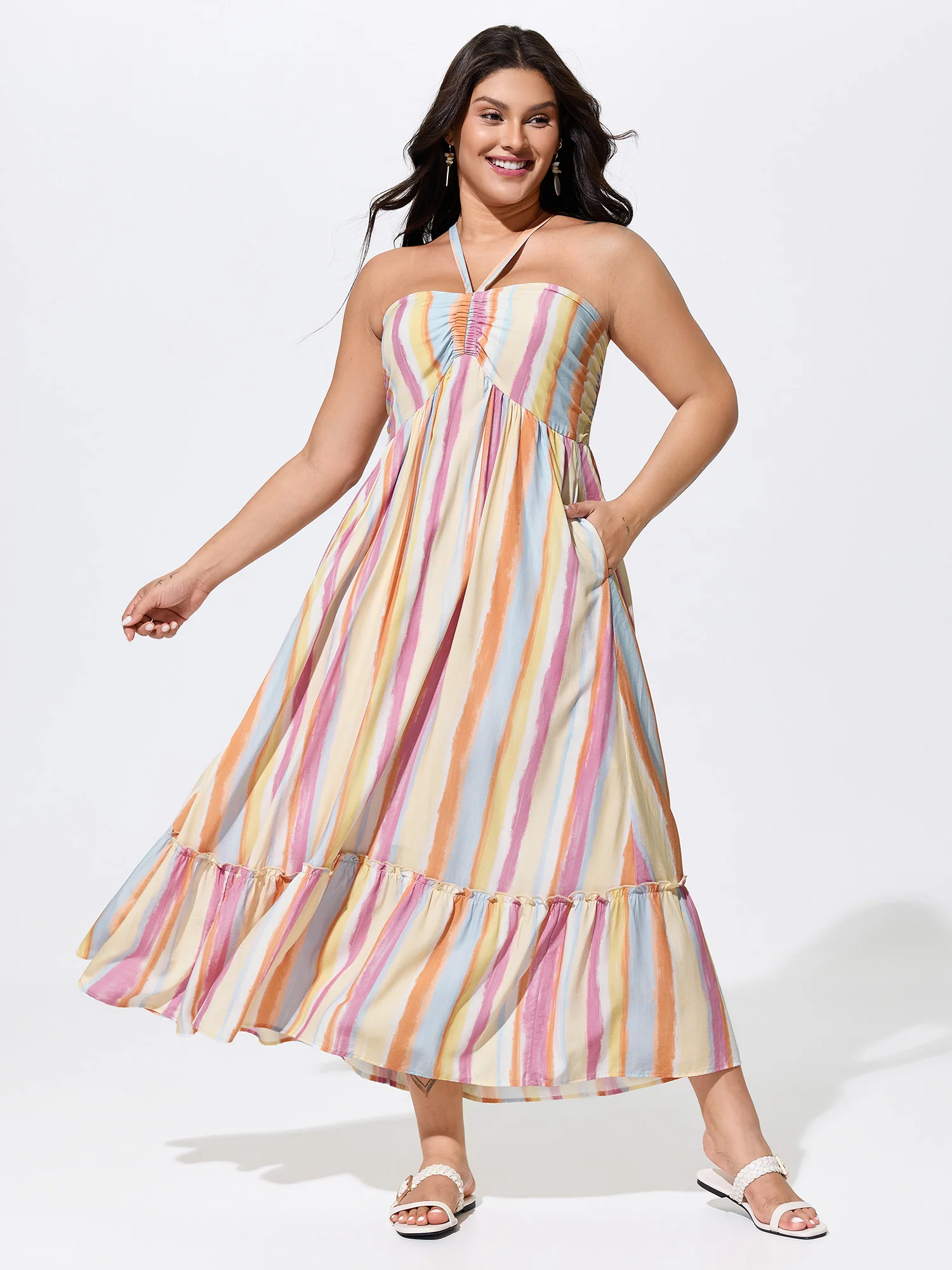 Colorful Striped Print Shirred Pockets Maxi Dress