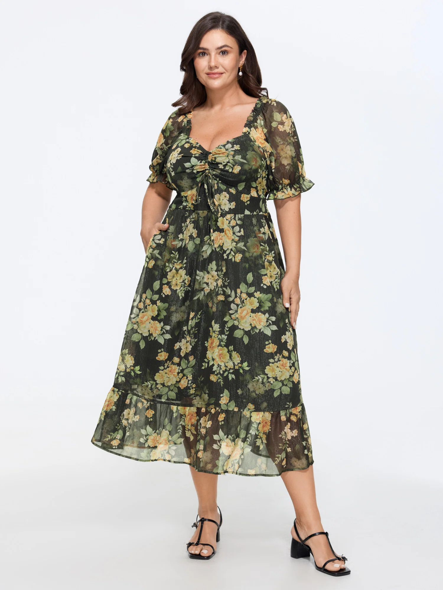 Floral Print Puffy Sleeve Midi Dress