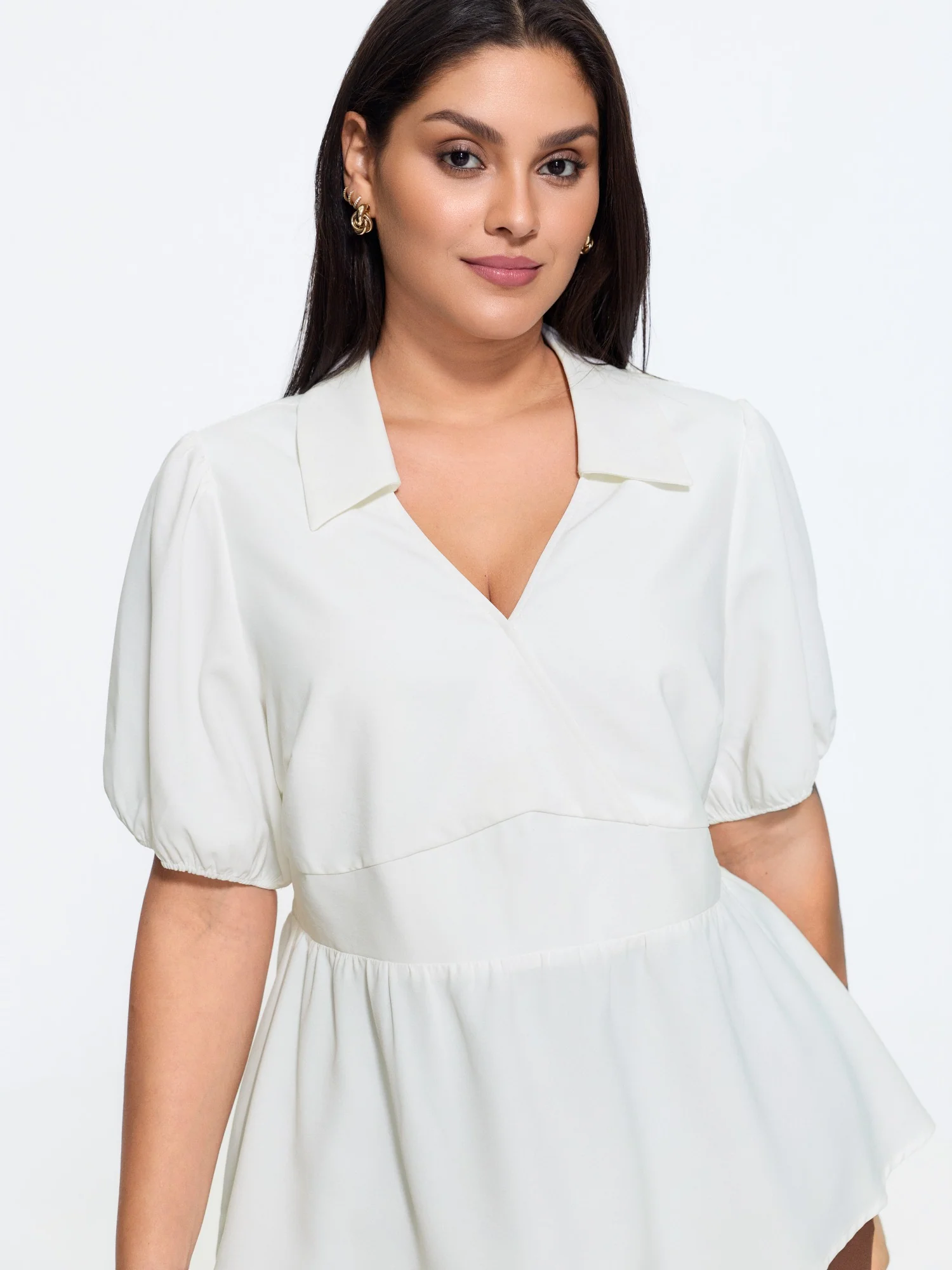 Plain Surplice Neck Shirred Waist Blouse