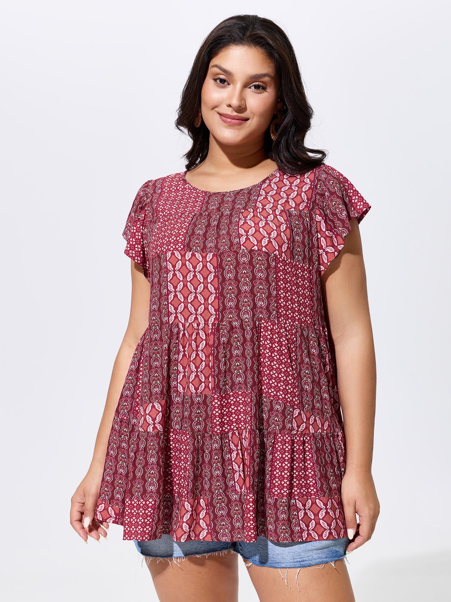Geometric Print Ruffled Sleeve Top