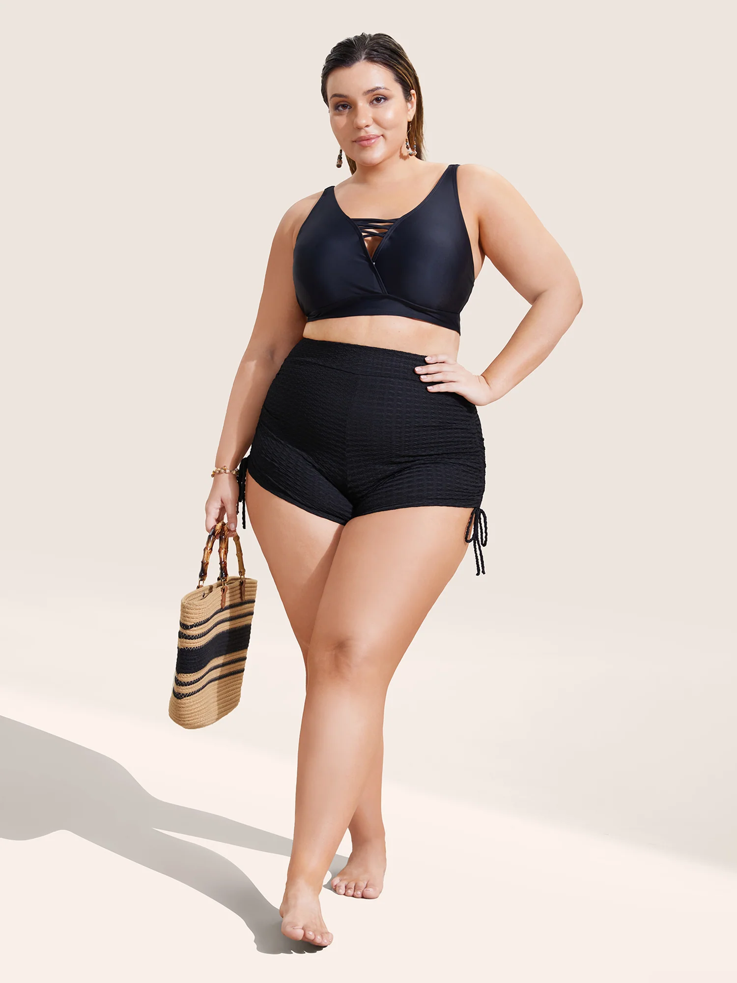 Plain Gathered Tie Knot High Rise Swim Bottom