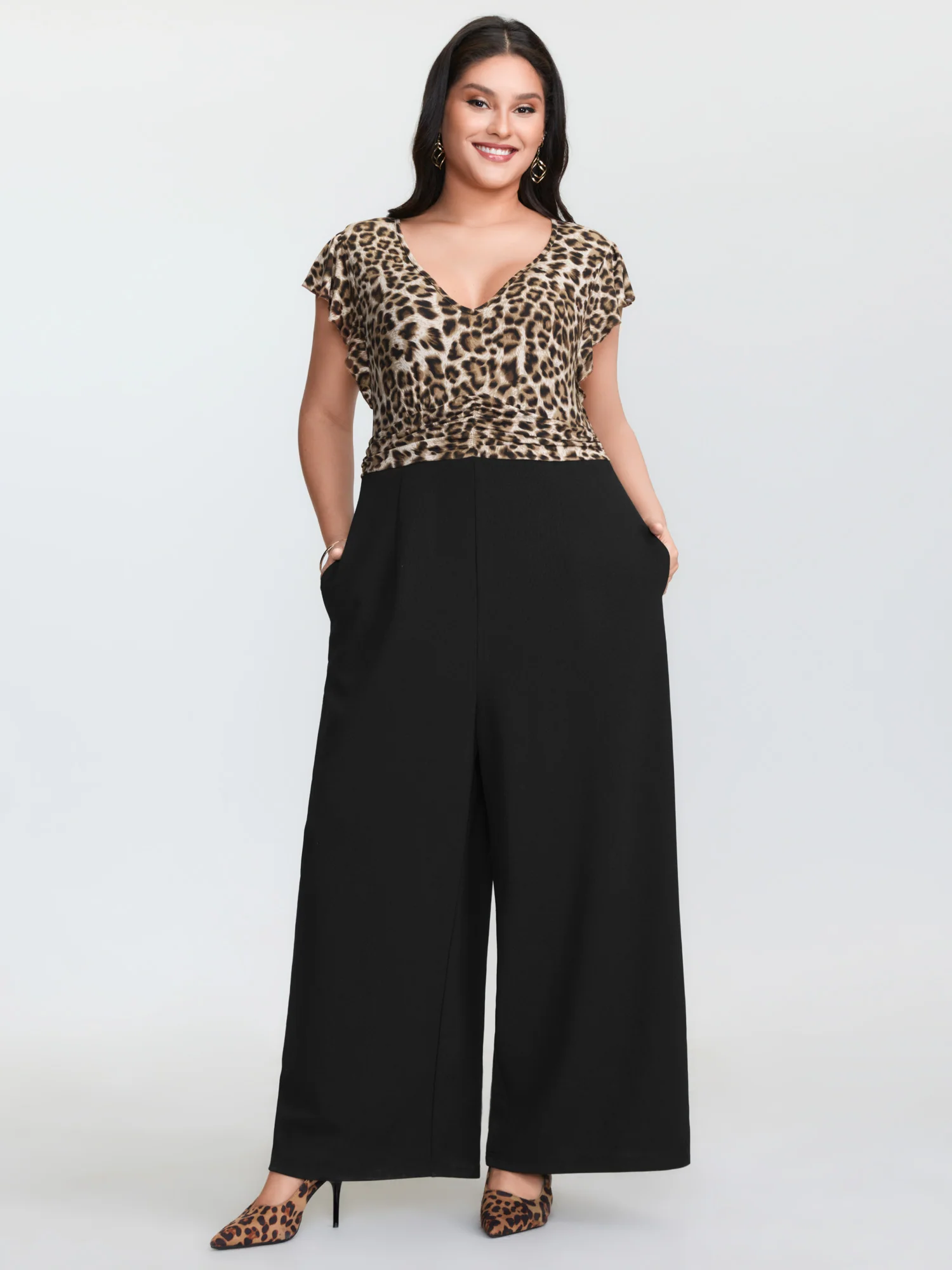 Leopard Print Contrast Flutter Sleeve Jumpsuit
