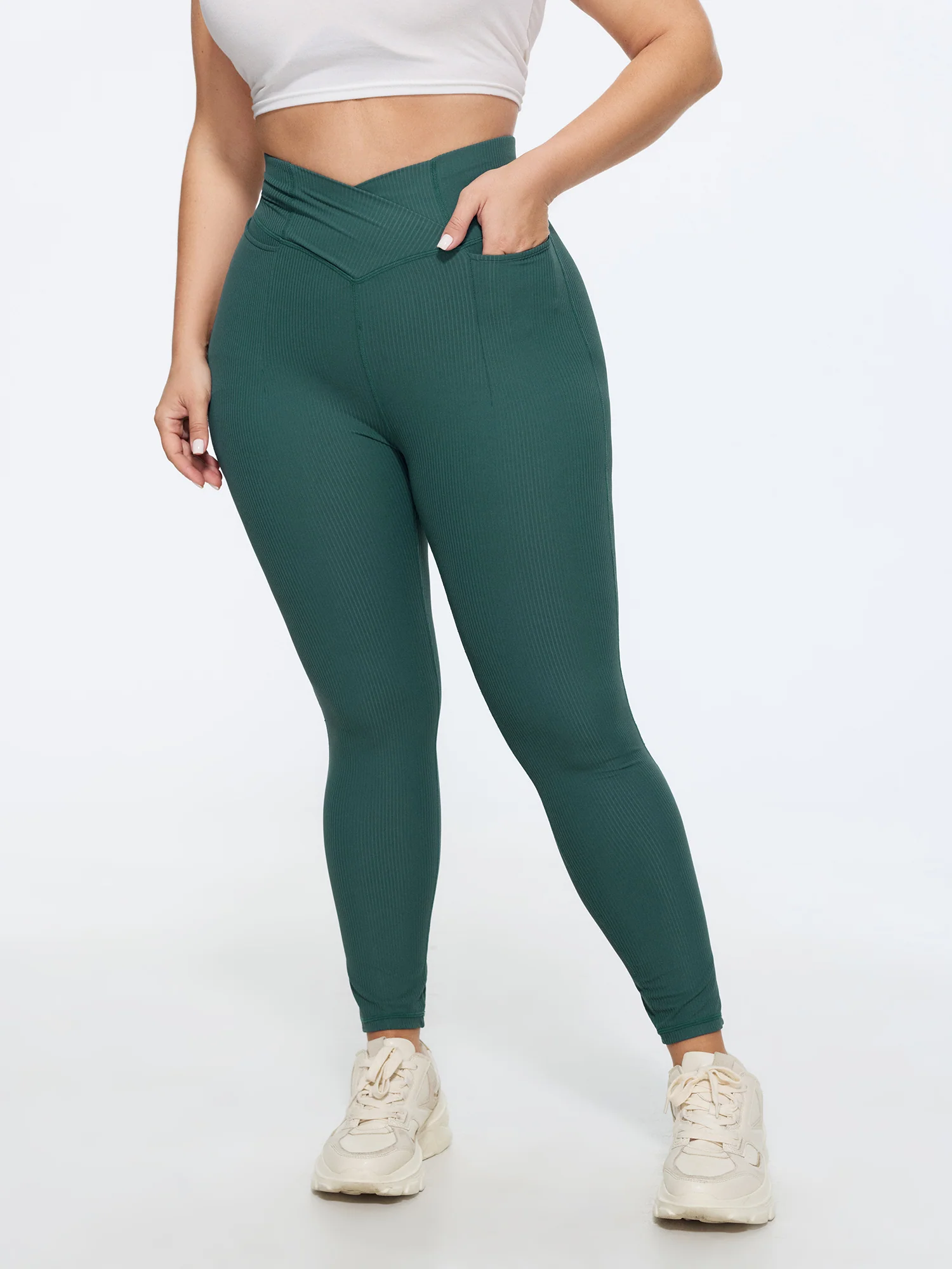 Stretchy Overlap Waist Textured Pocket Leggings