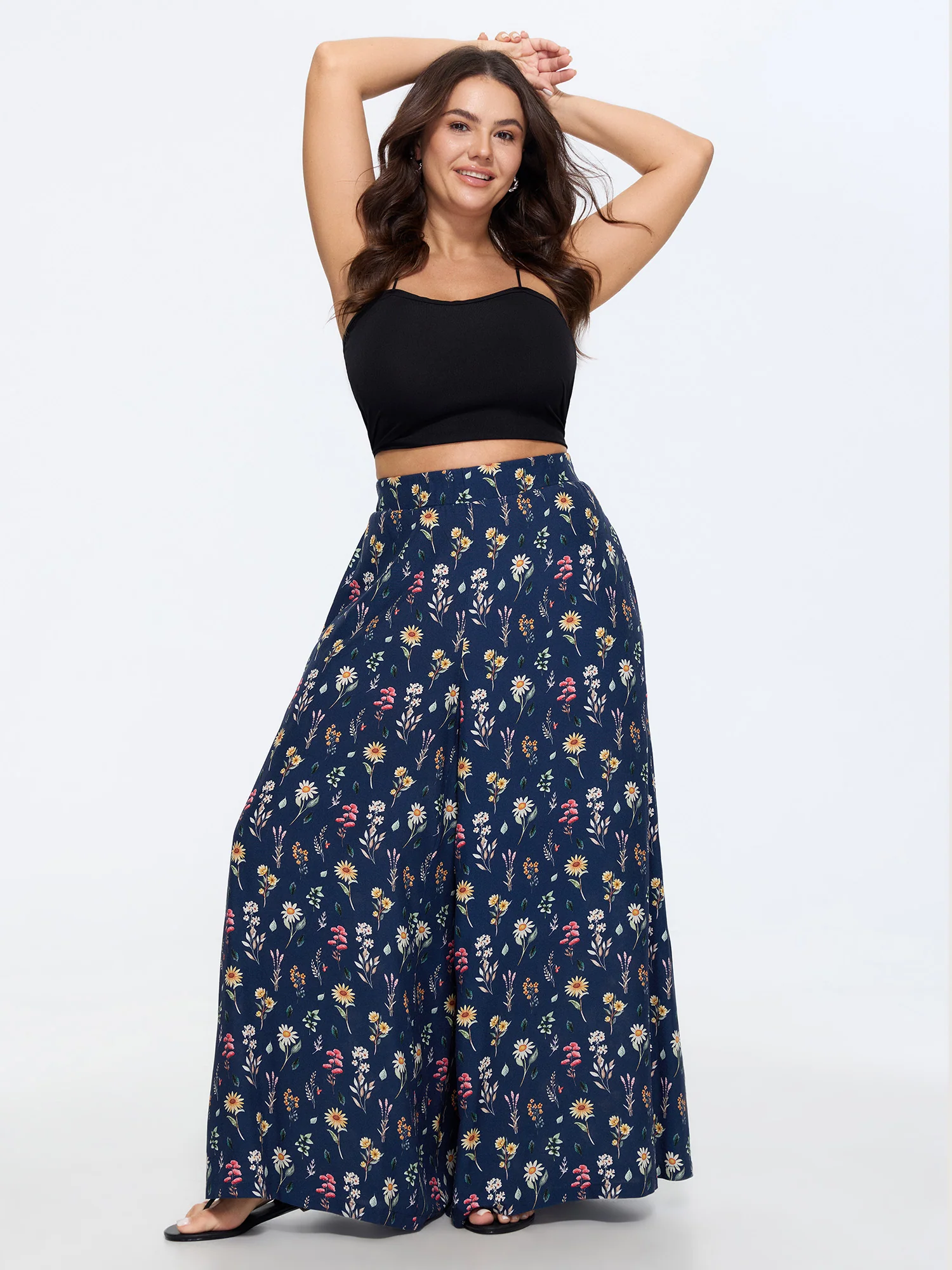 Ditsy Floral Print Stretchy Waist Wide Leg Pants