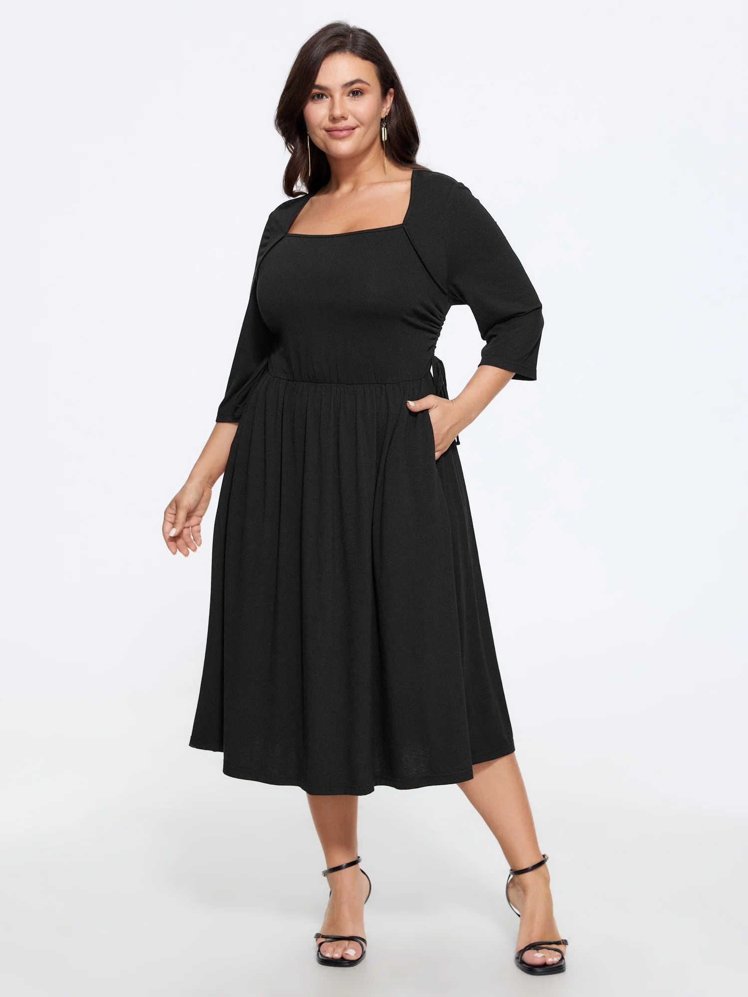 Supersoft Square Neck Adjustable Side Tie Midi Dress