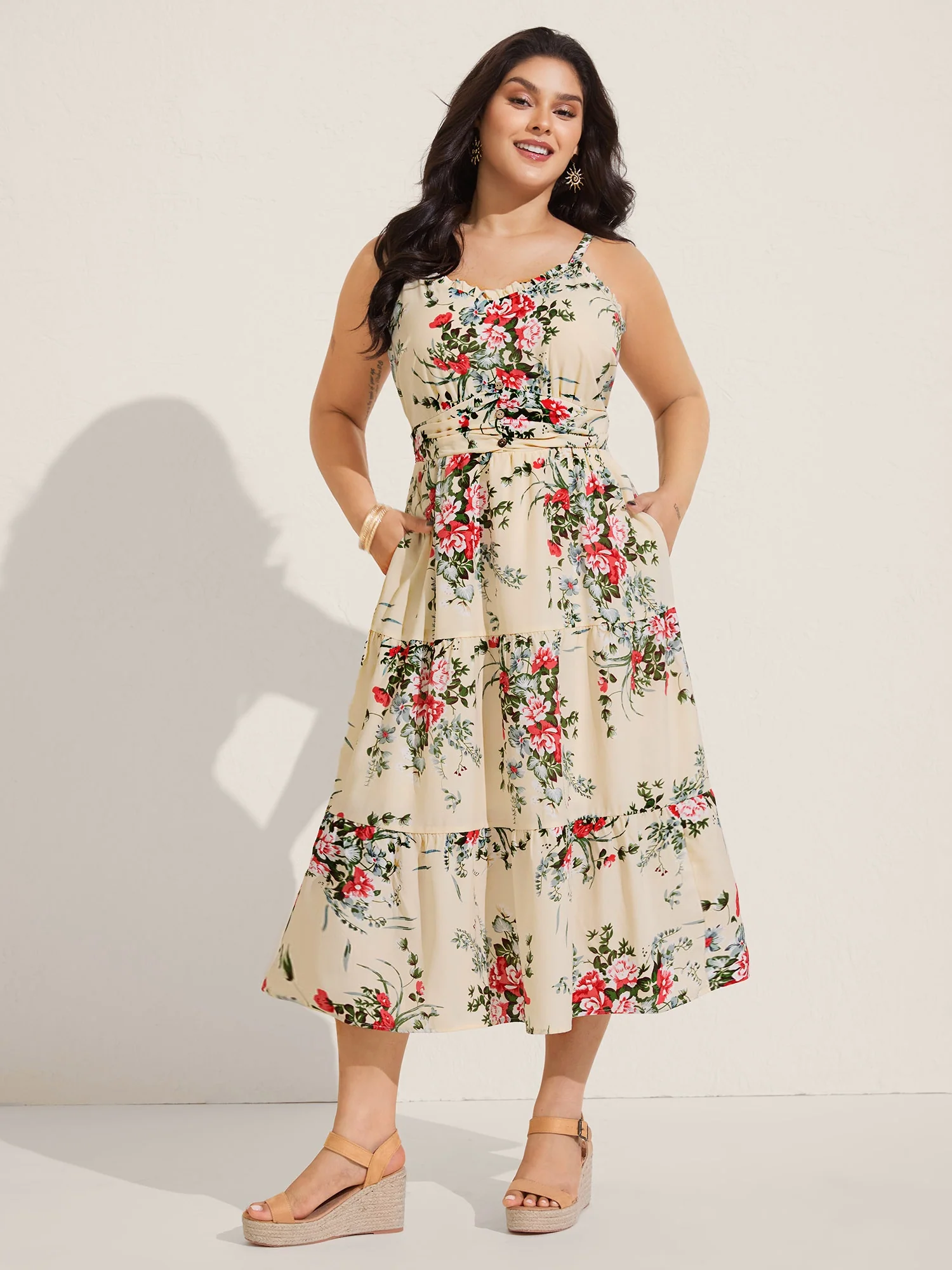 Floral Pleated Waist Pockets Midi Dress
