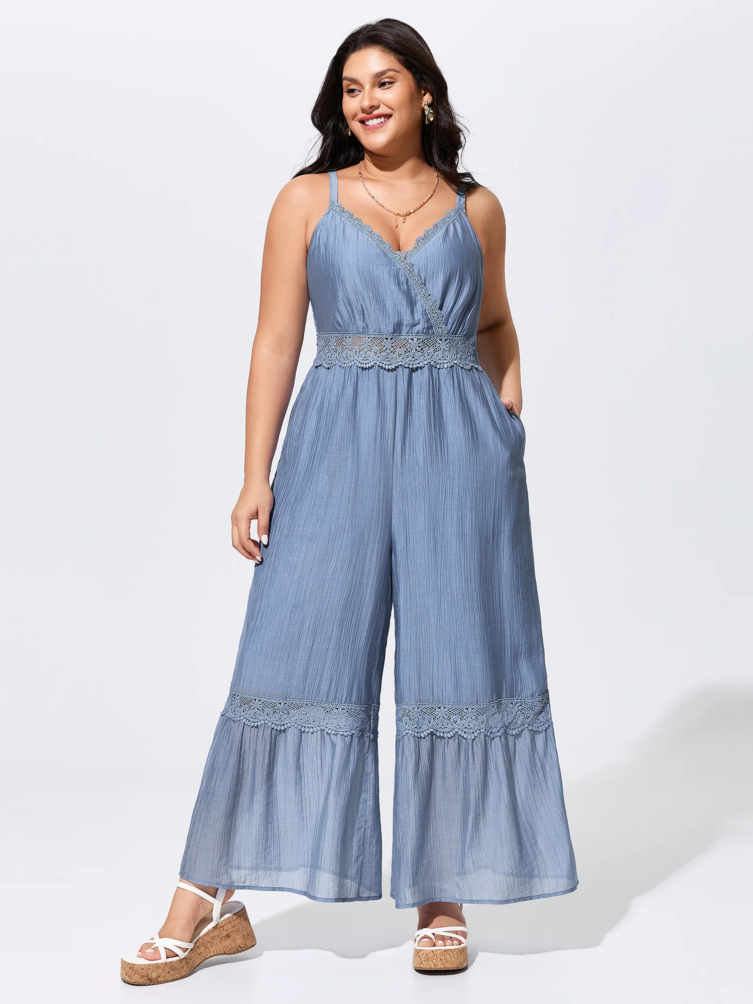 Shirred Lace Detail Wide-Leg Jumpsuit