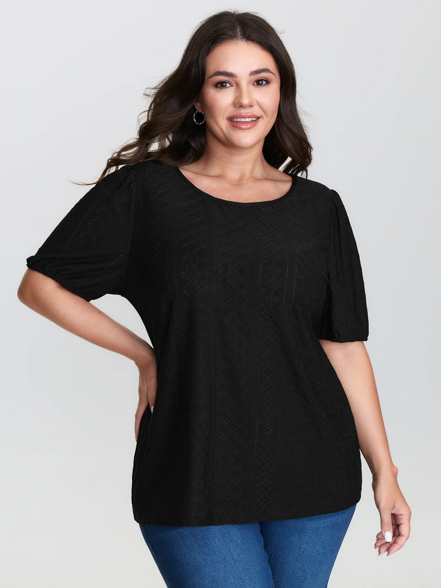 Textured Puffy Sleeve Round Neck T-Shirt