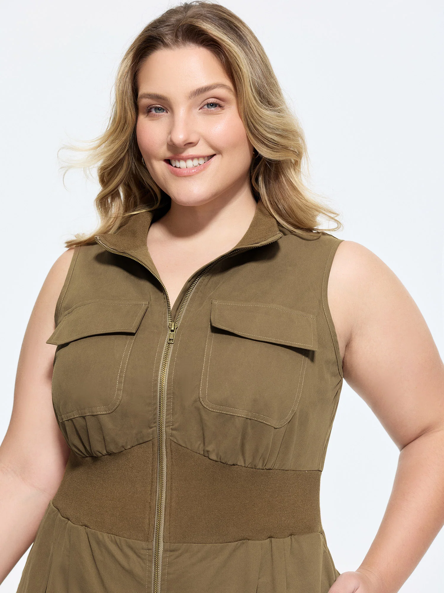 Cotton Zipper Pleated Waist-Defining Jumpsuit