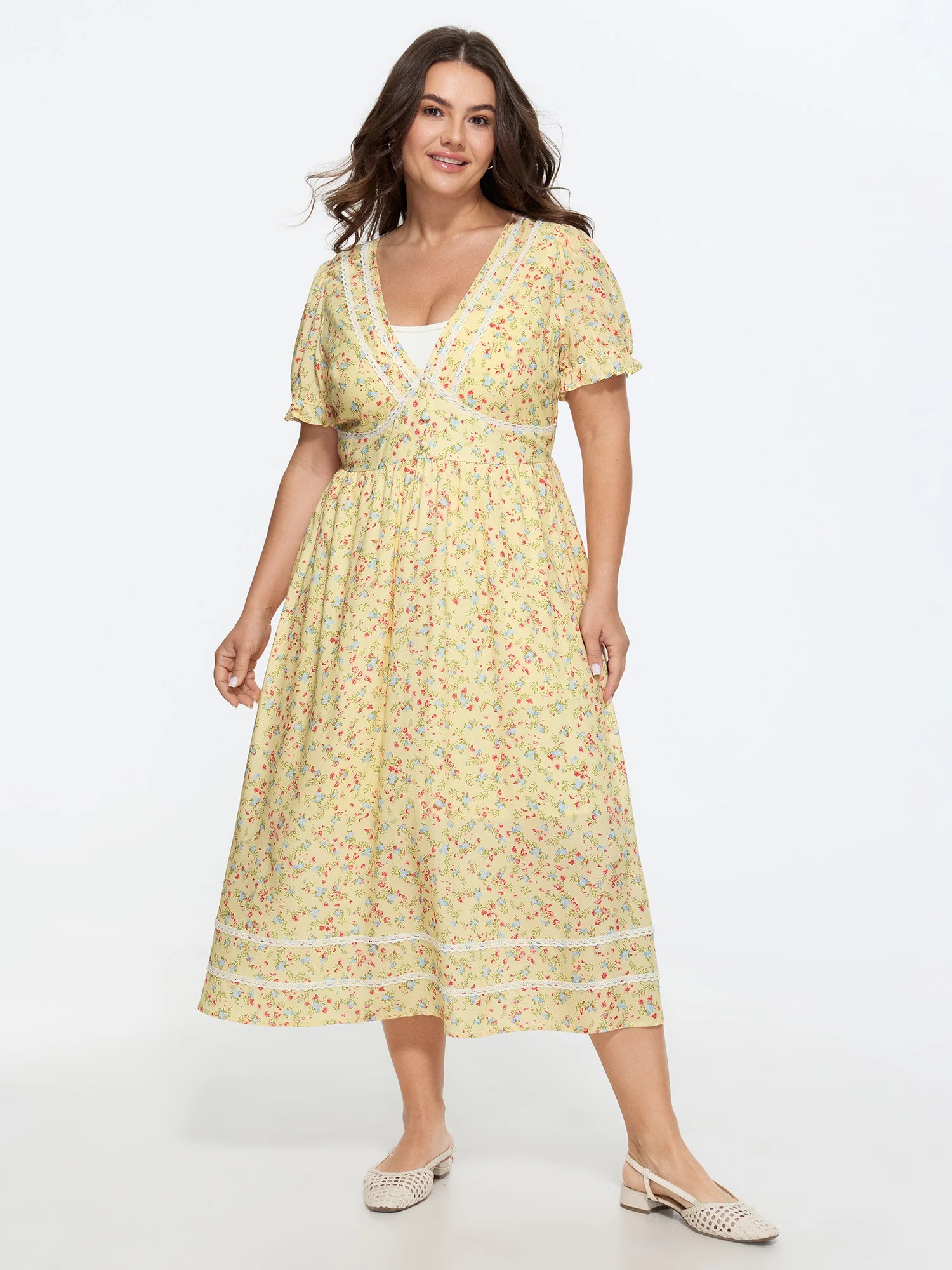 Supersoft Floral Print Lace Deep V-Neckline Midi Dress