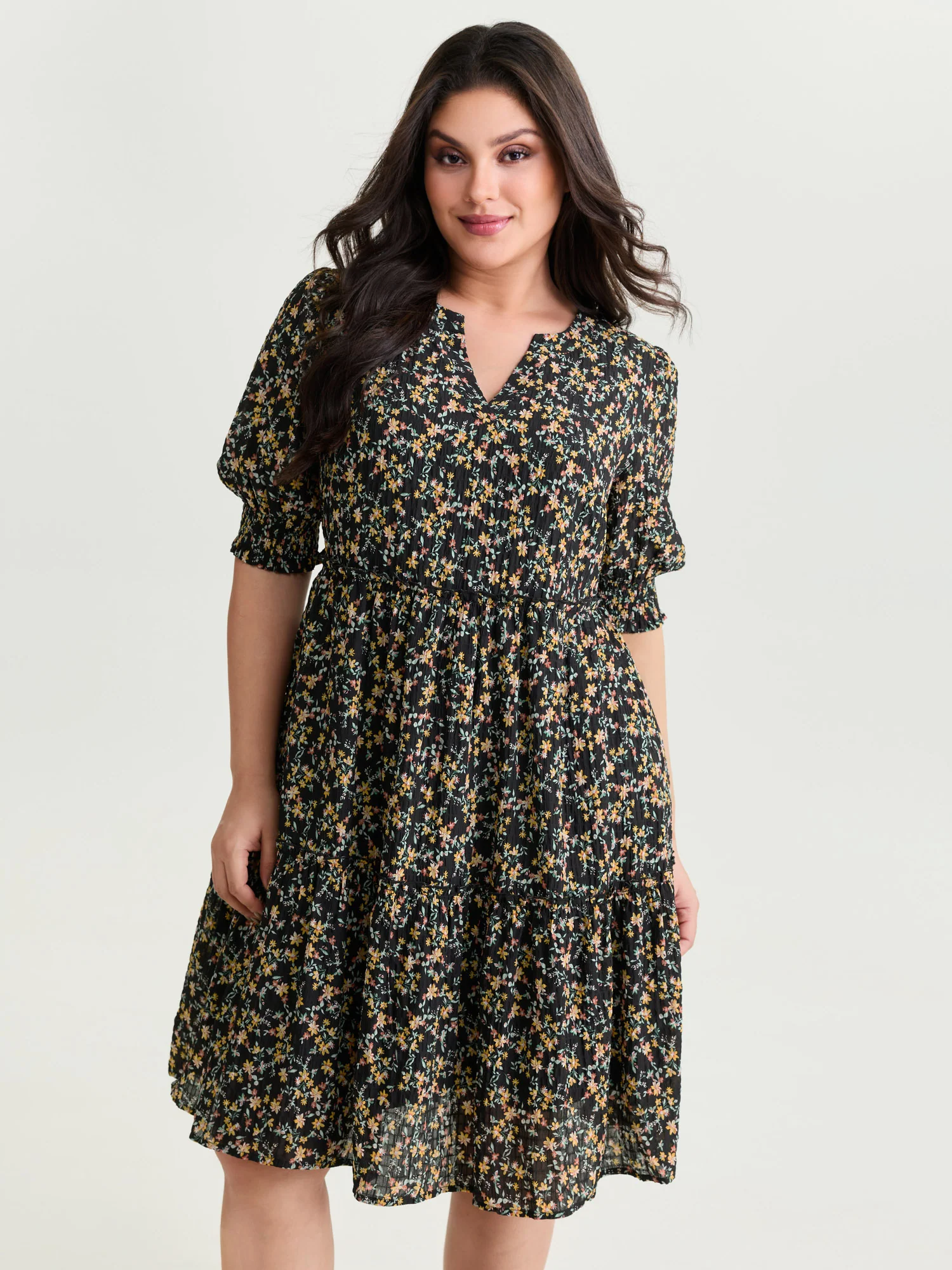 Micro Floral Print Shirred Cuff Mini Dress