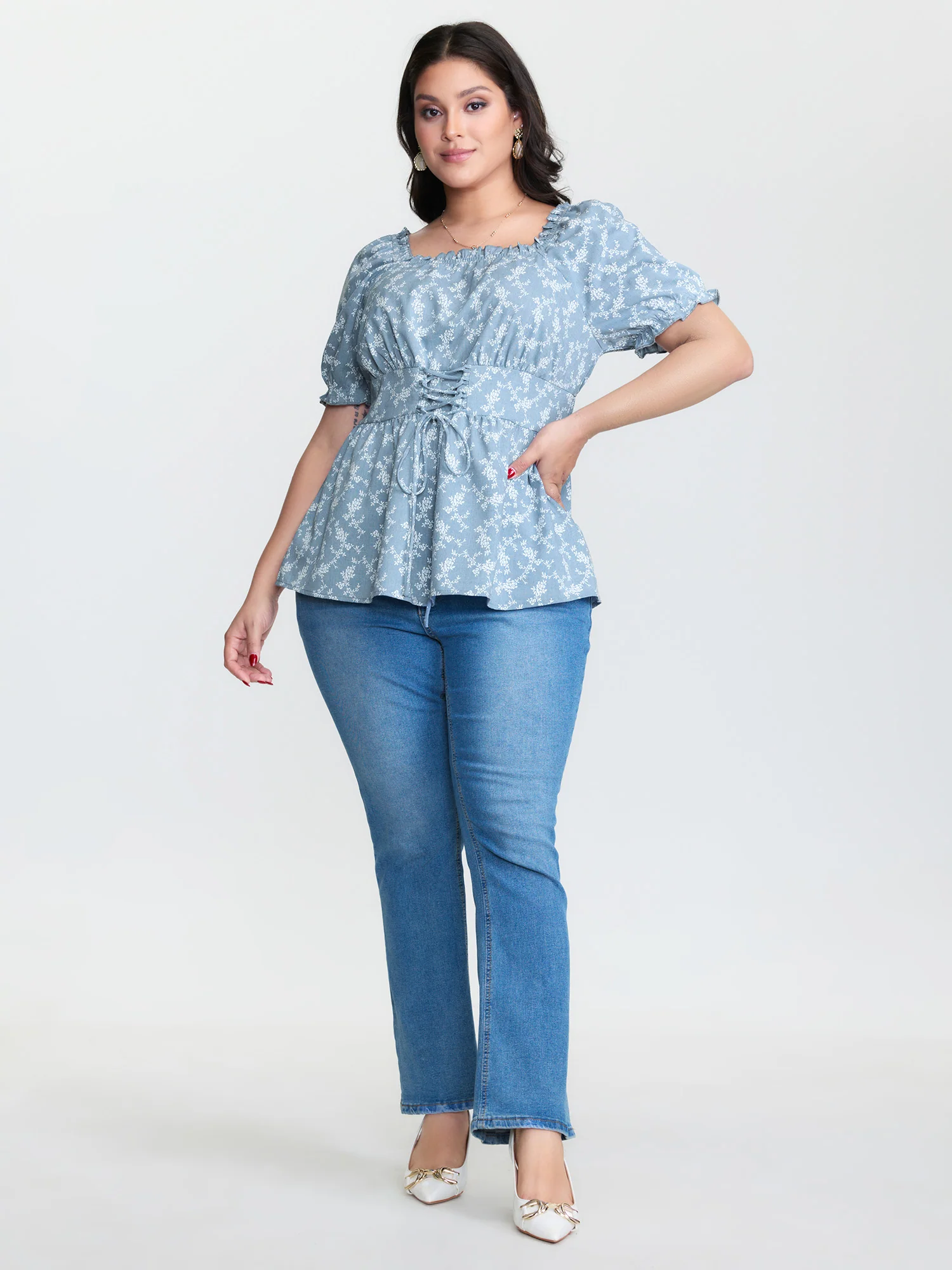 Ditsy Floral Front-Tie Shirred Blouse