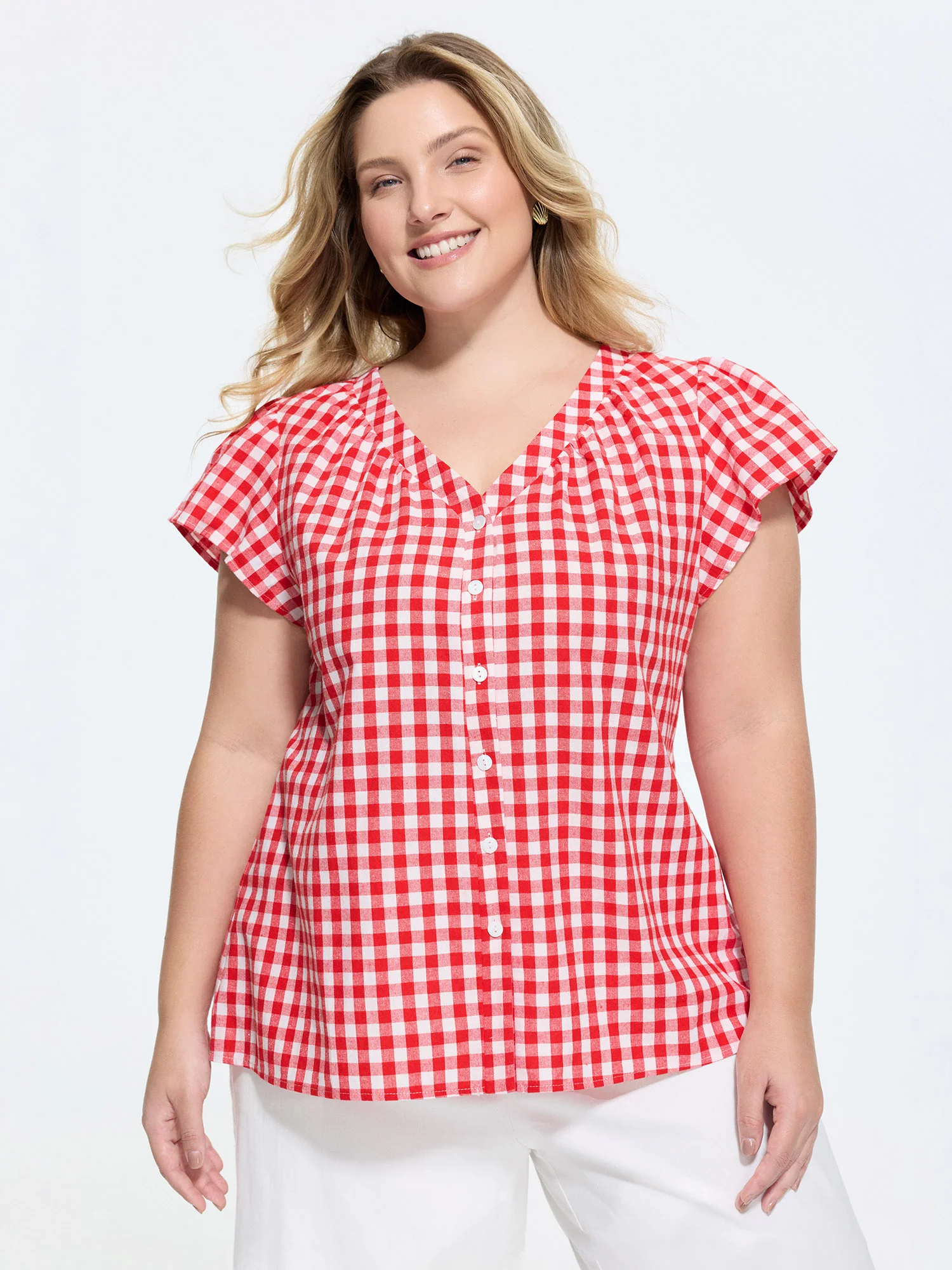 Cotton Gingham Print Ruffled Sleeve Blouse