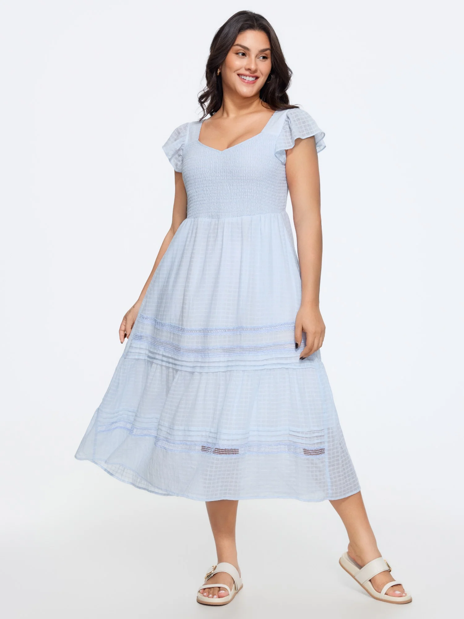 Cotton Lace Trim Ruffled Sleeve Midi Dress