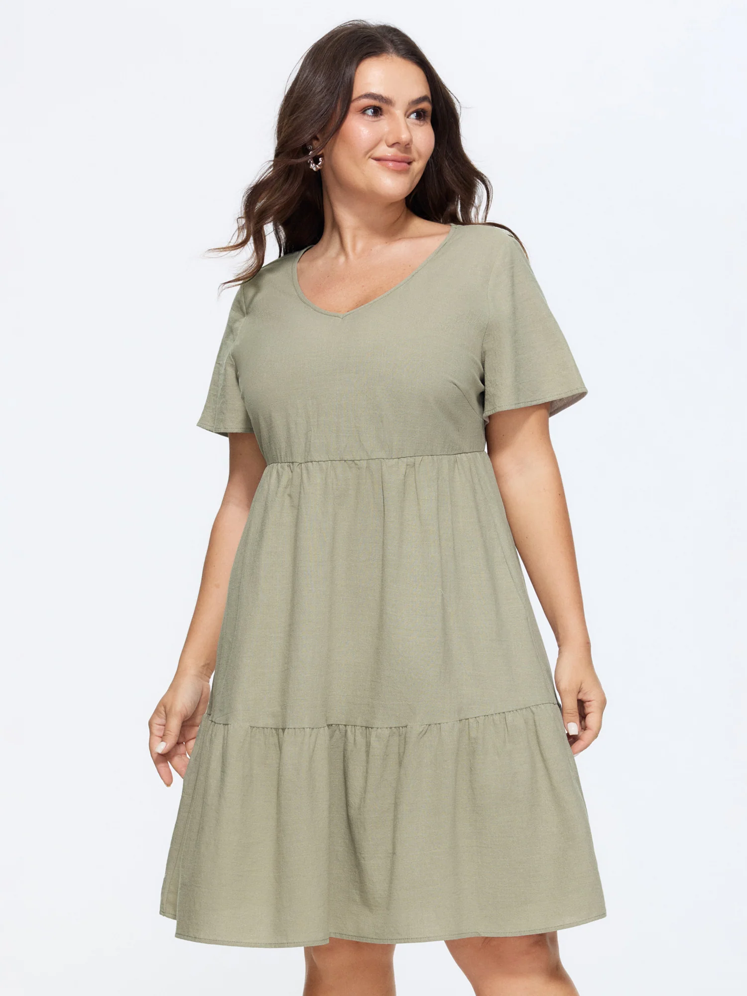 Cotton V-Neck Tiered Plain Mini Dress