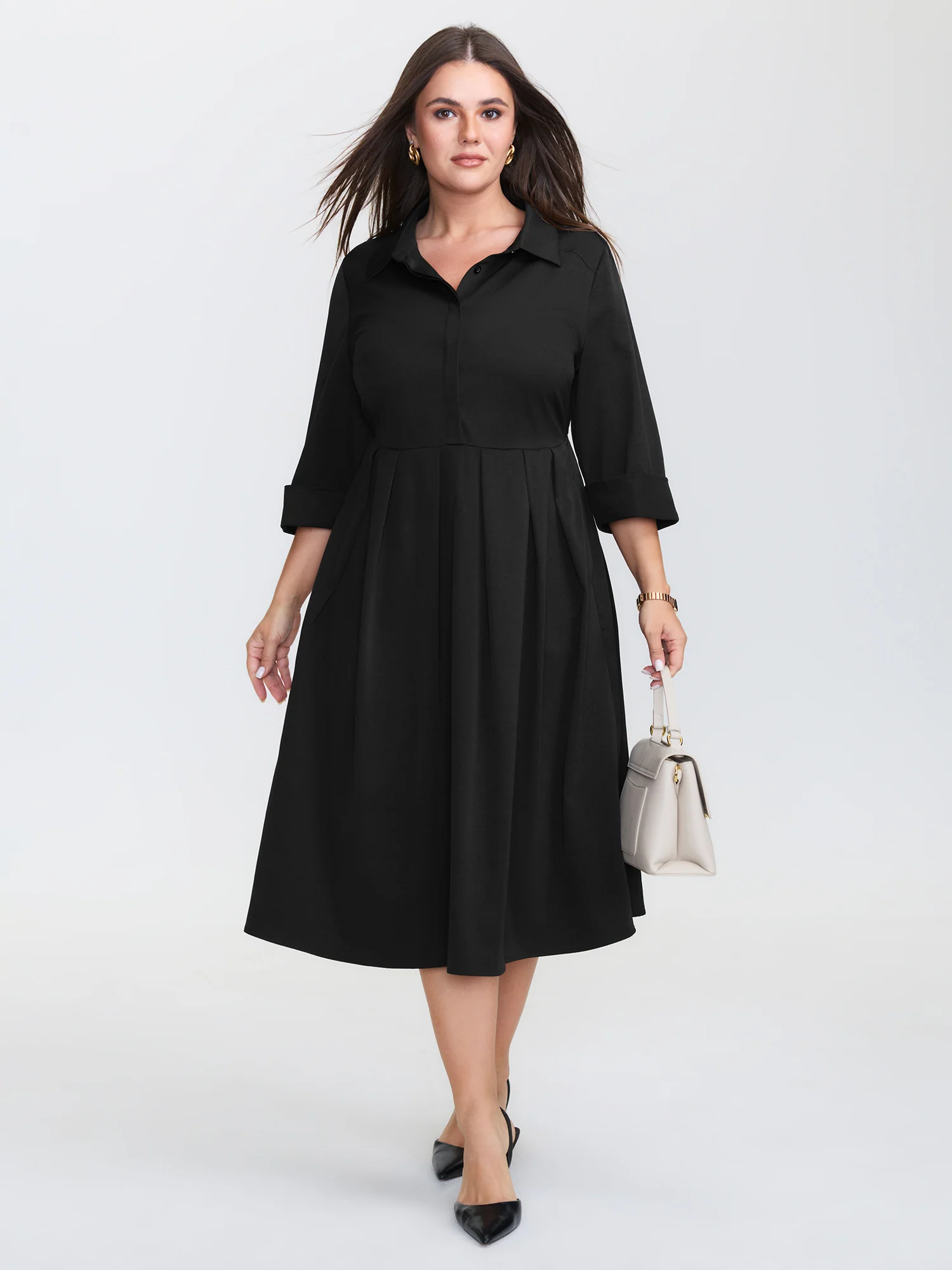 Pleated Placket Flowy Solid Color Midi Dress