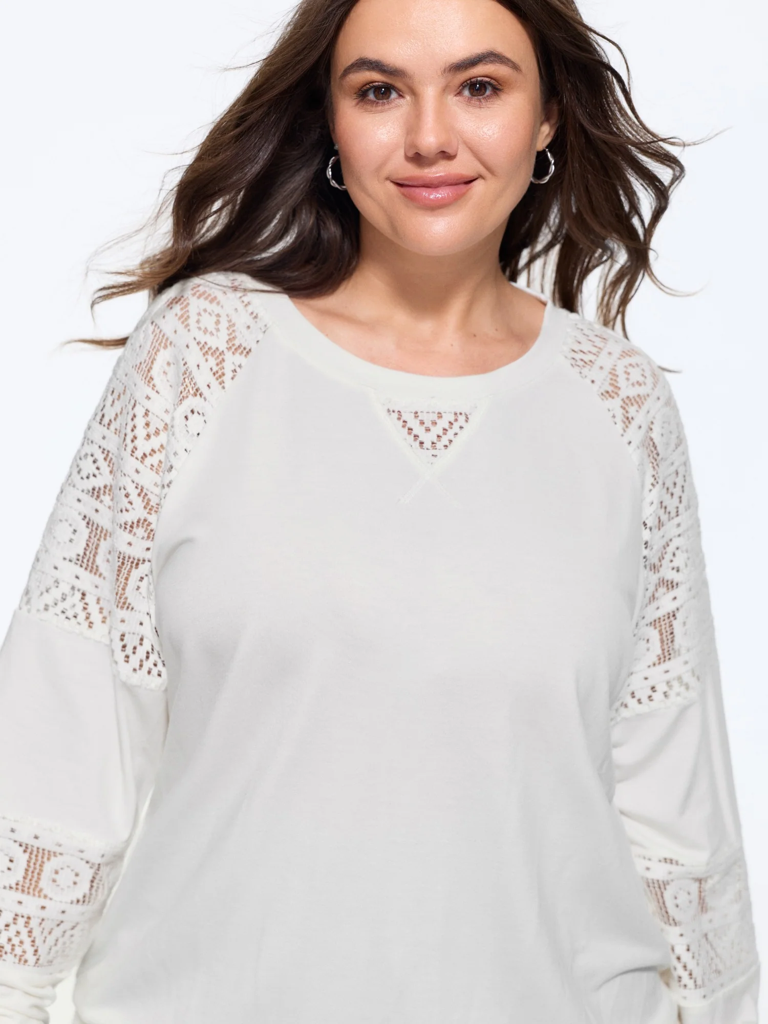 Solid Sheer Lace Patchwork Crew Neck Sweatshirt