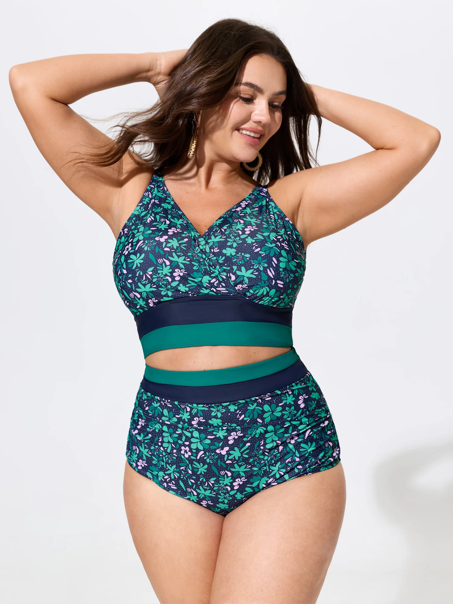 Colorful Floral Print Surplice Neckline Swim Top