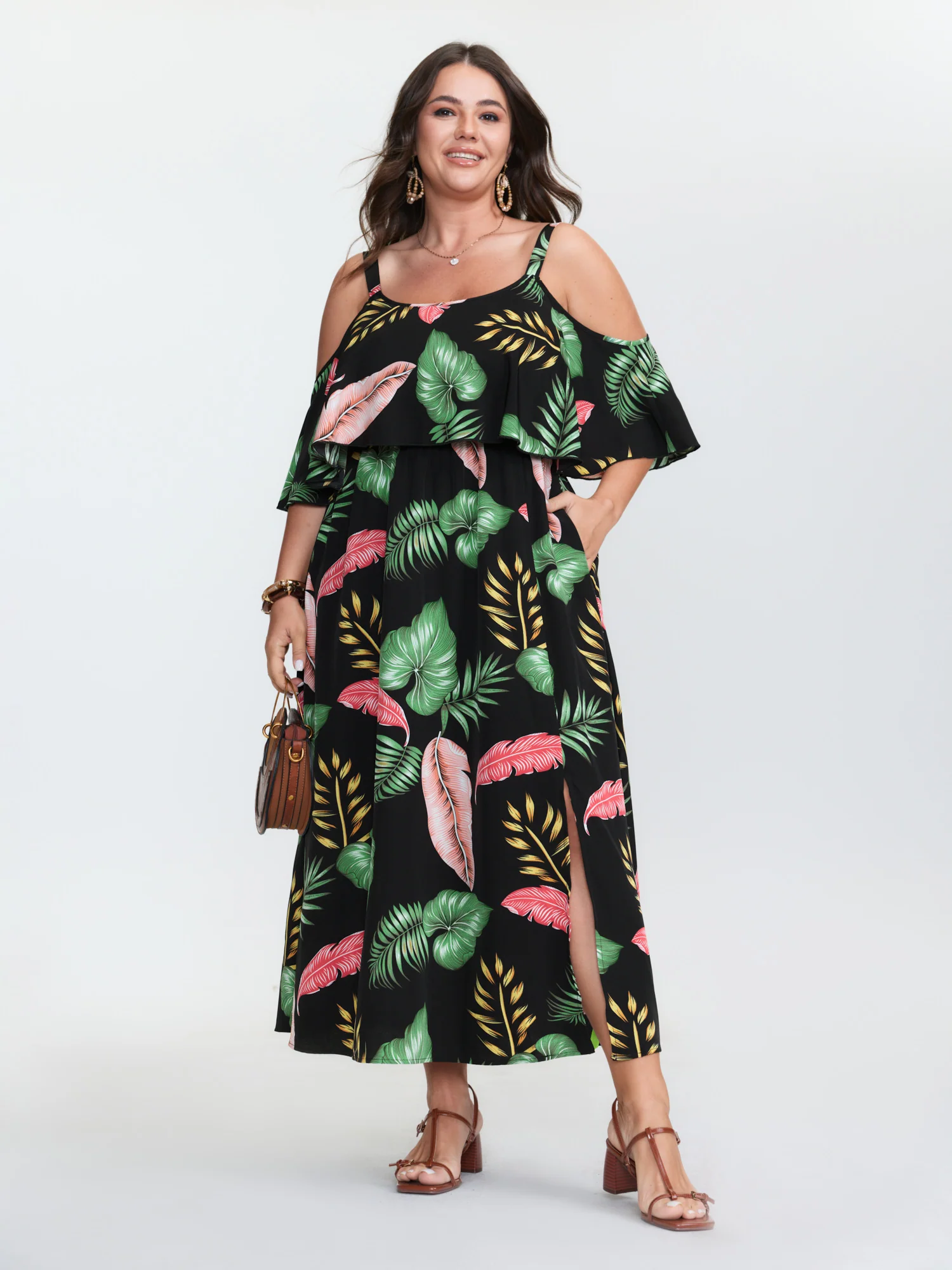 Tropical Pattern Off-Shoulder Maxi Dress