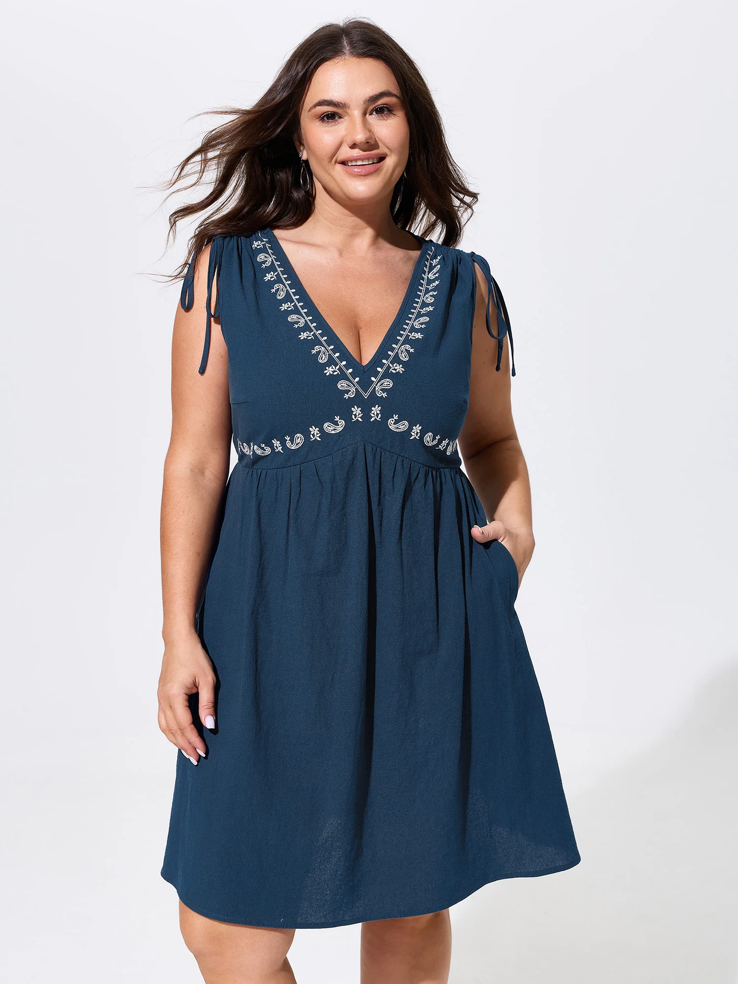 Cotton Boho Embroidered Shoulder Tie Mini Dress