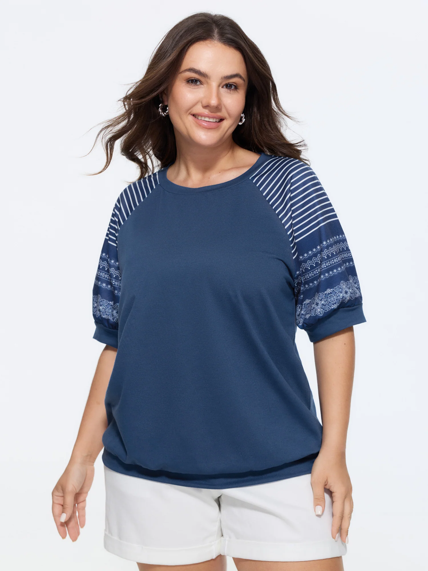 Striped Print Raglan Puff Sleeve Sweatshirt