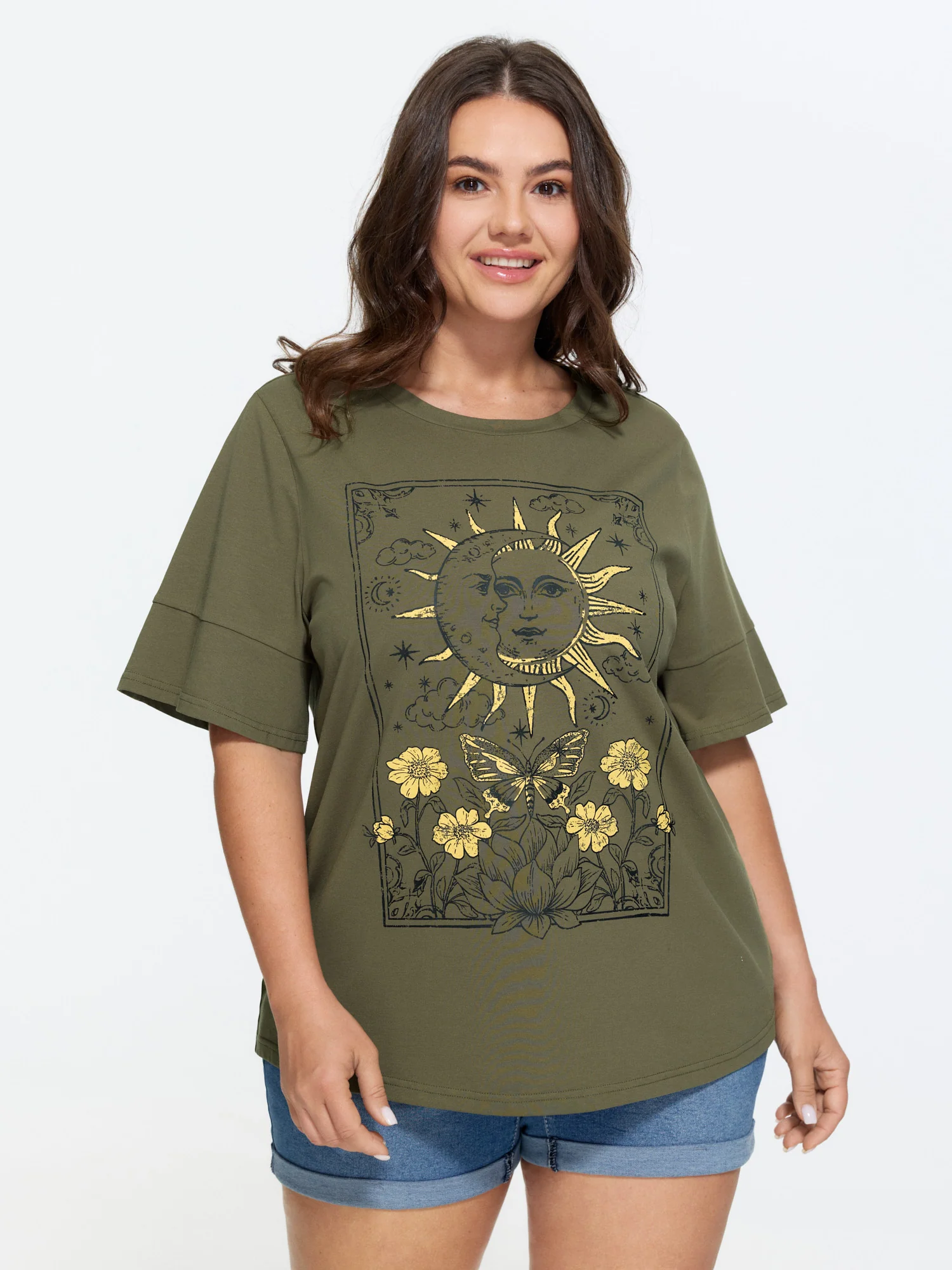 Cotton Sunkissed Floral Print Flared Sleeve T-Shirt