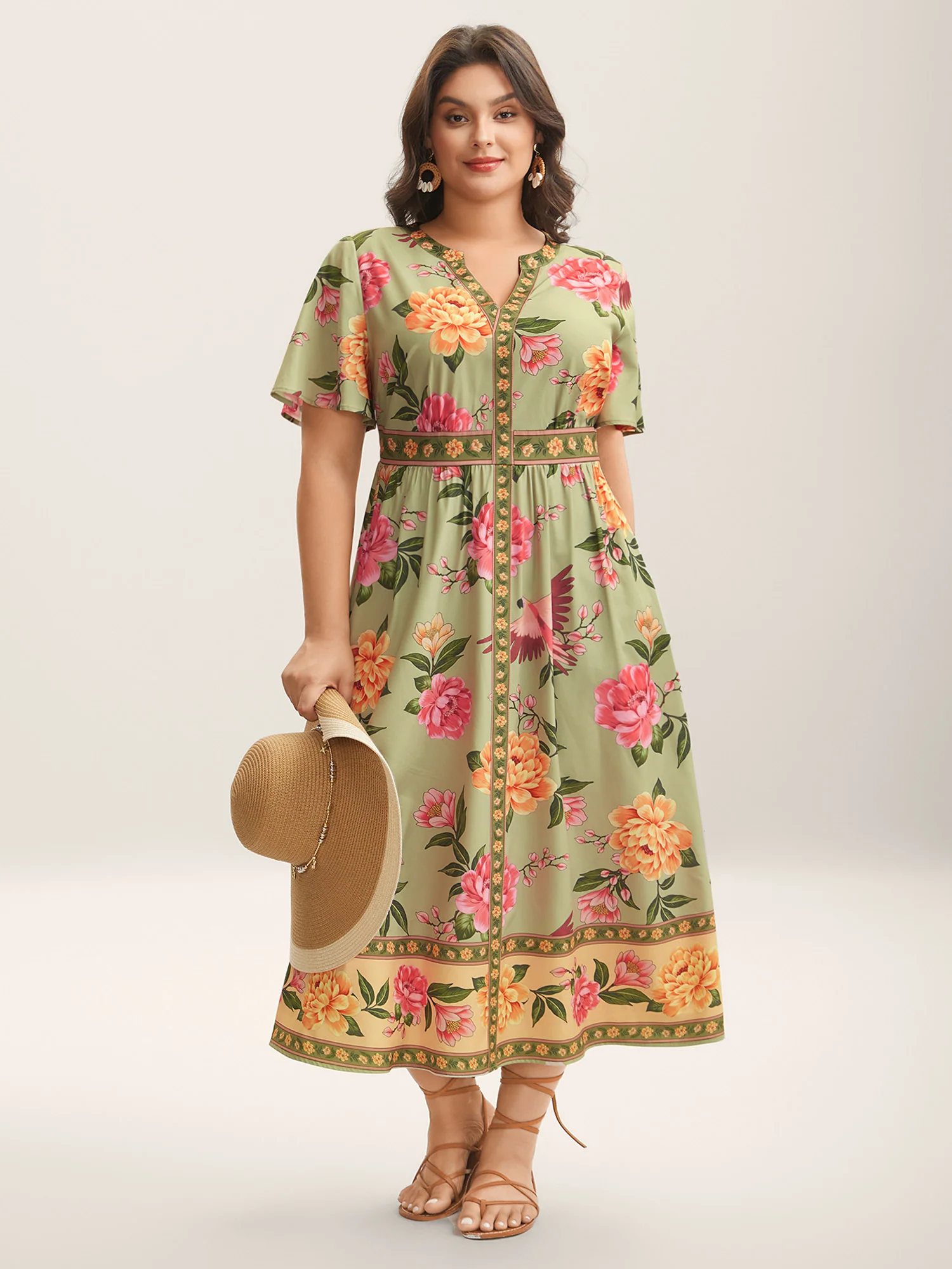 Floral Contrast Hem Split Neck Midi Dress