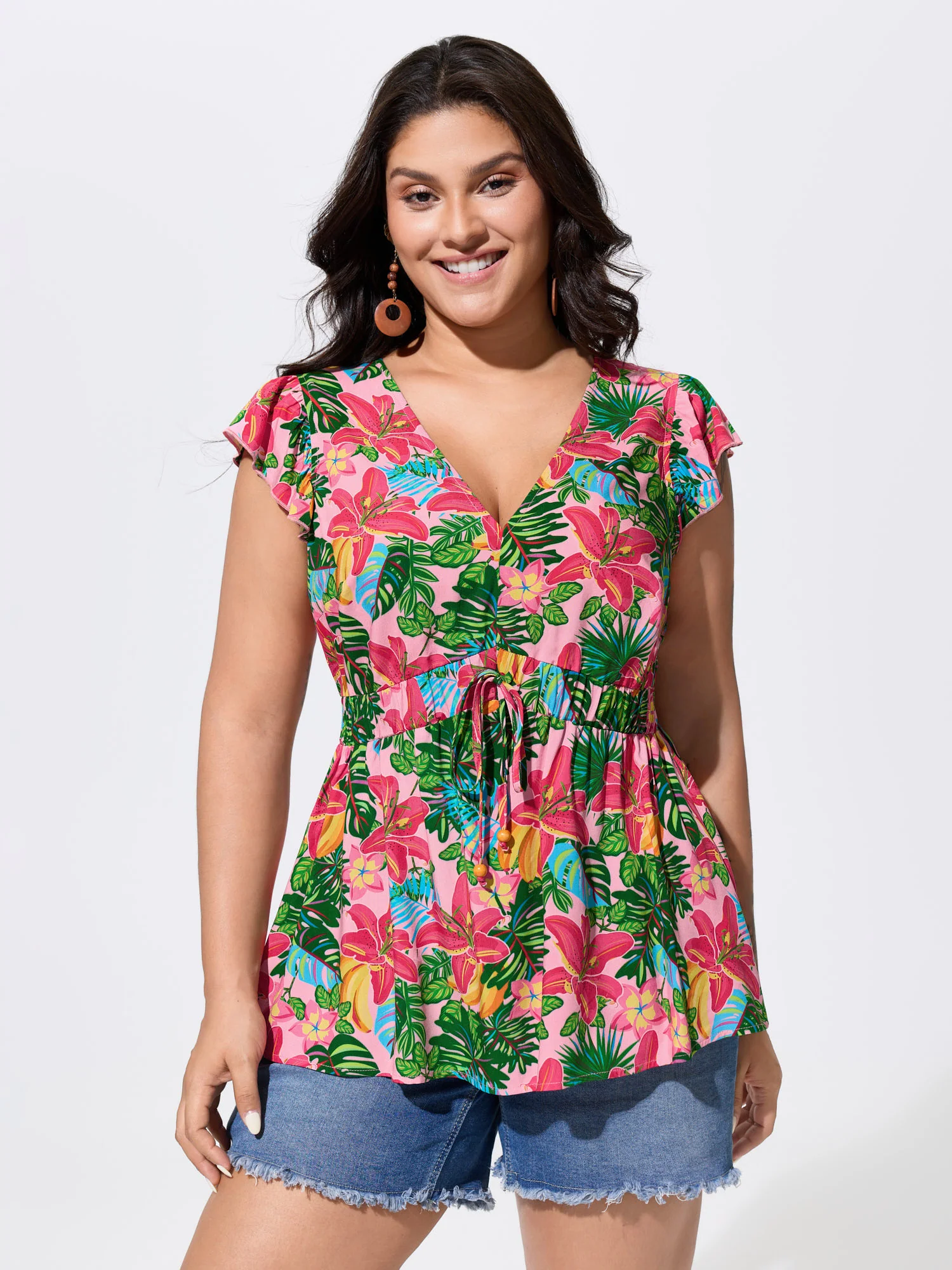 Vibrant Floral Print Cinched-Waist Top