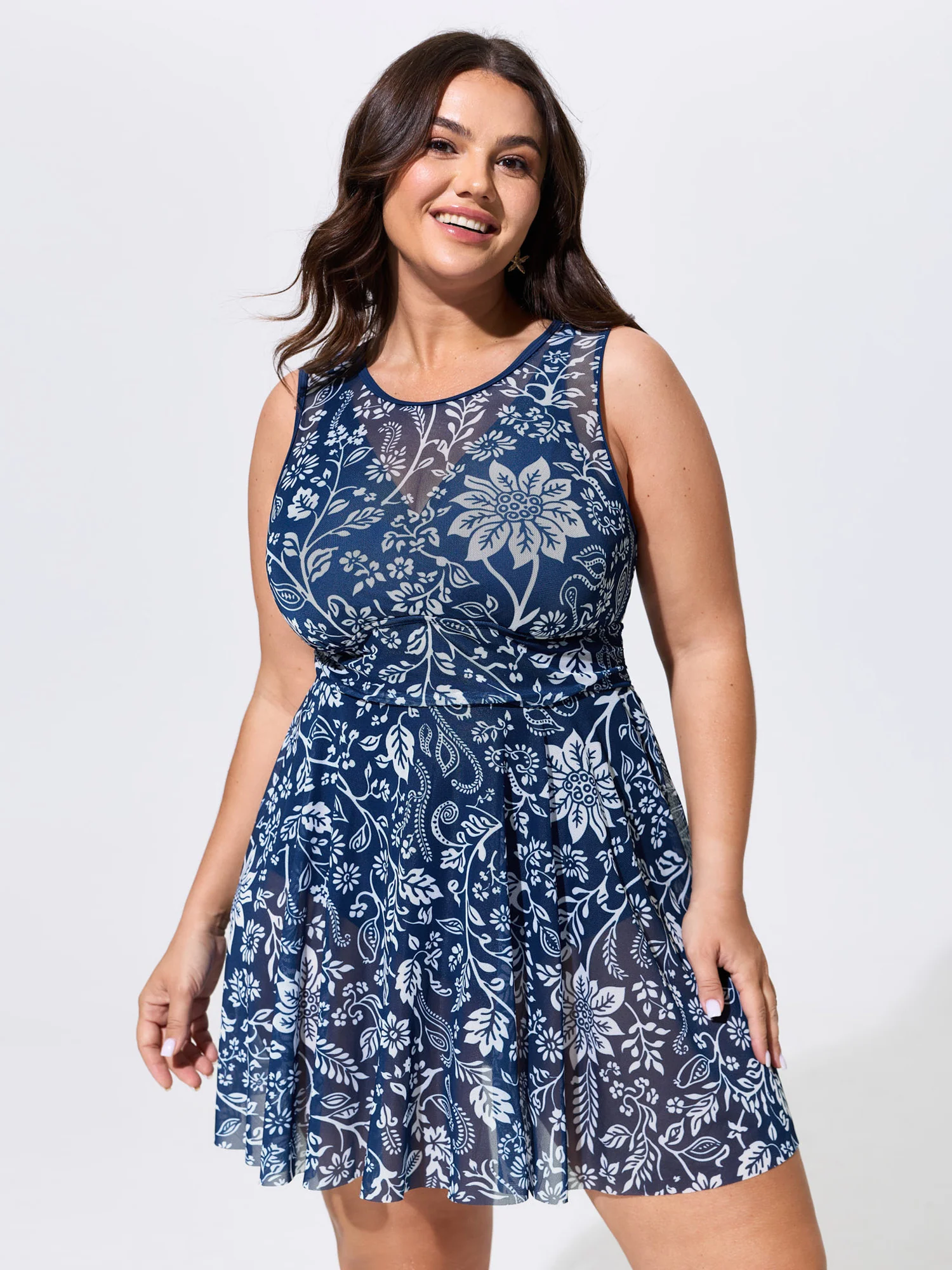 Floral Paisley Print Sheer Swim Dress