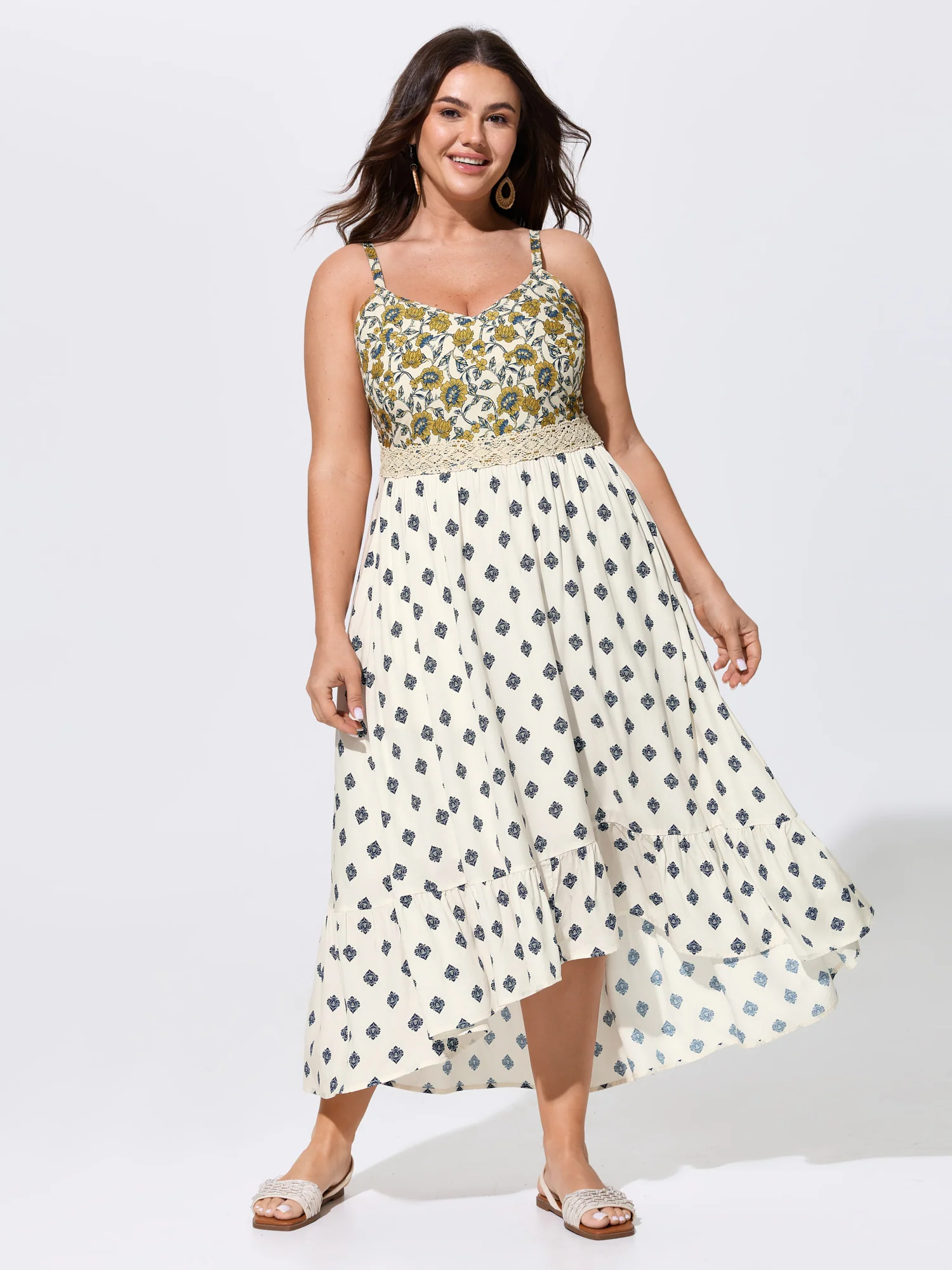 Floral Print Contrast High Low Hem Midi Dress