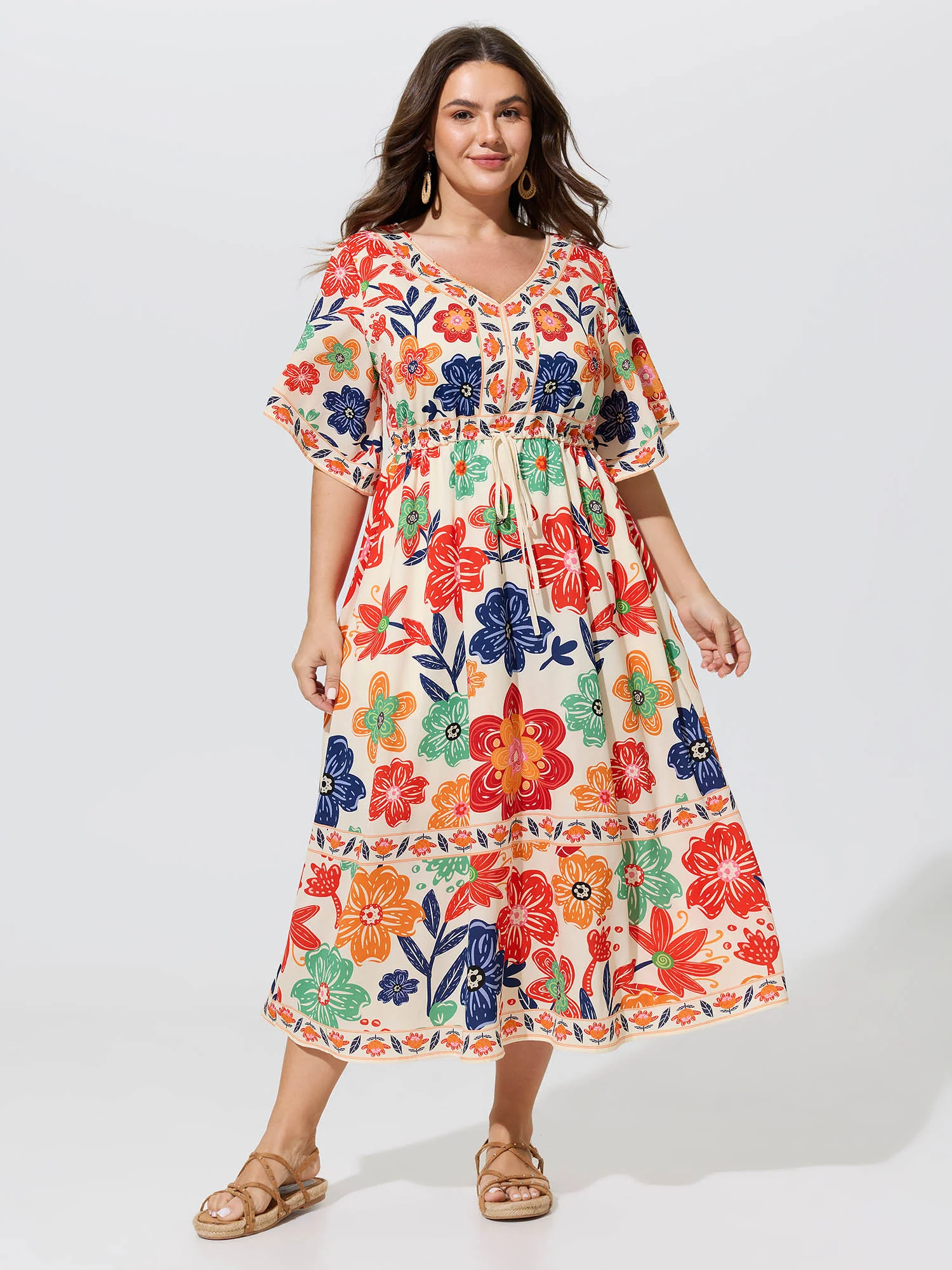 Floral Print Drawstring Waist Tiered Midi Dress