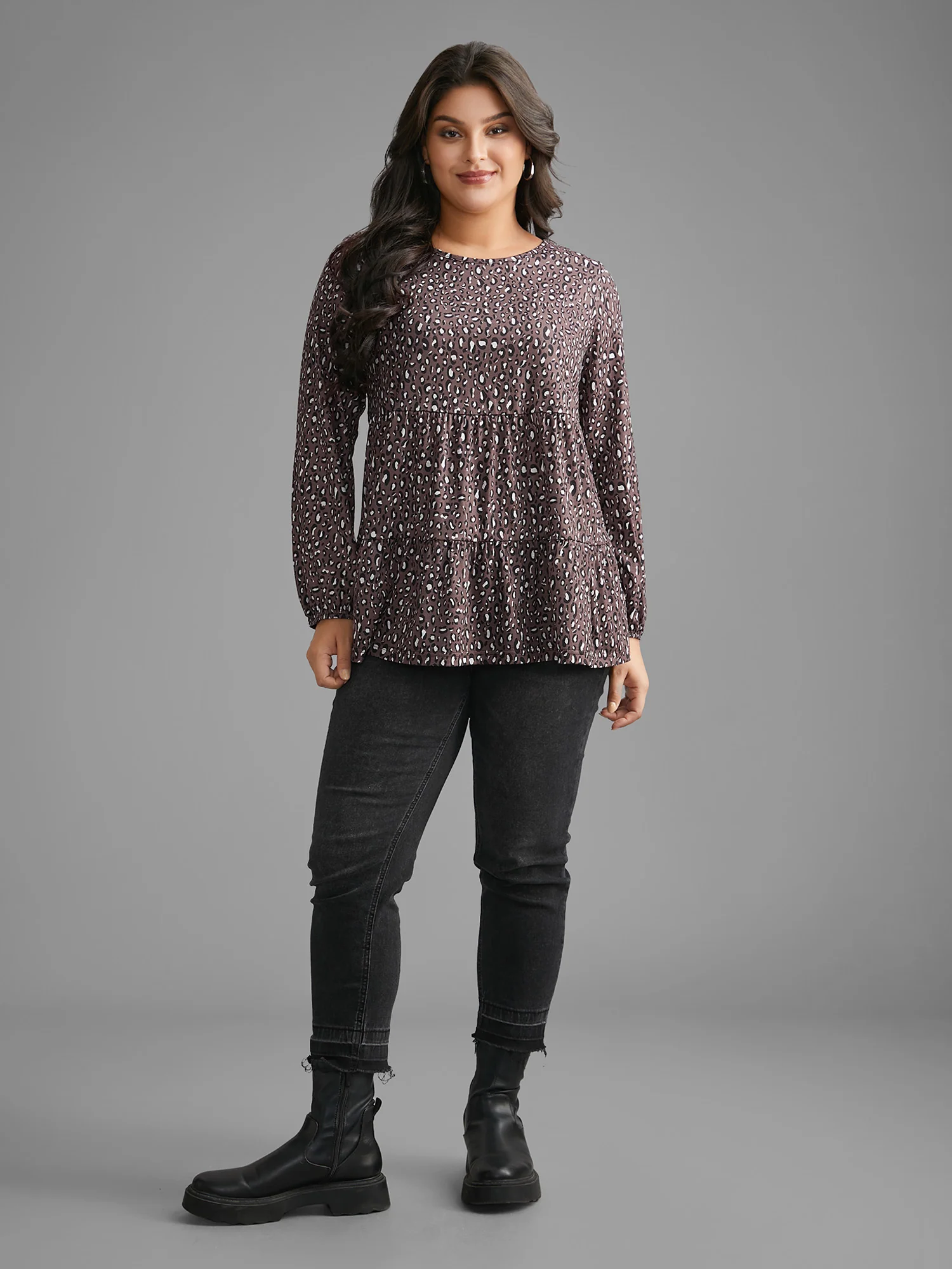 Leopard Print Ruffle Layered Hem Jersey Top