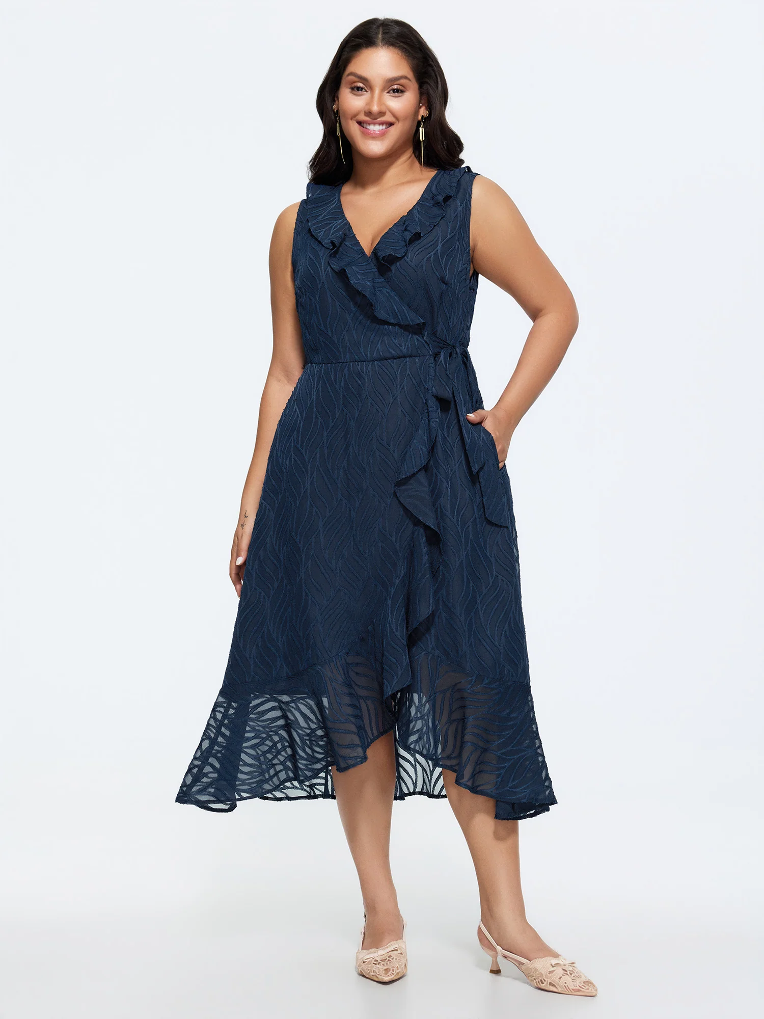 Sheer Textured Ruffled Wrap Midi Dress