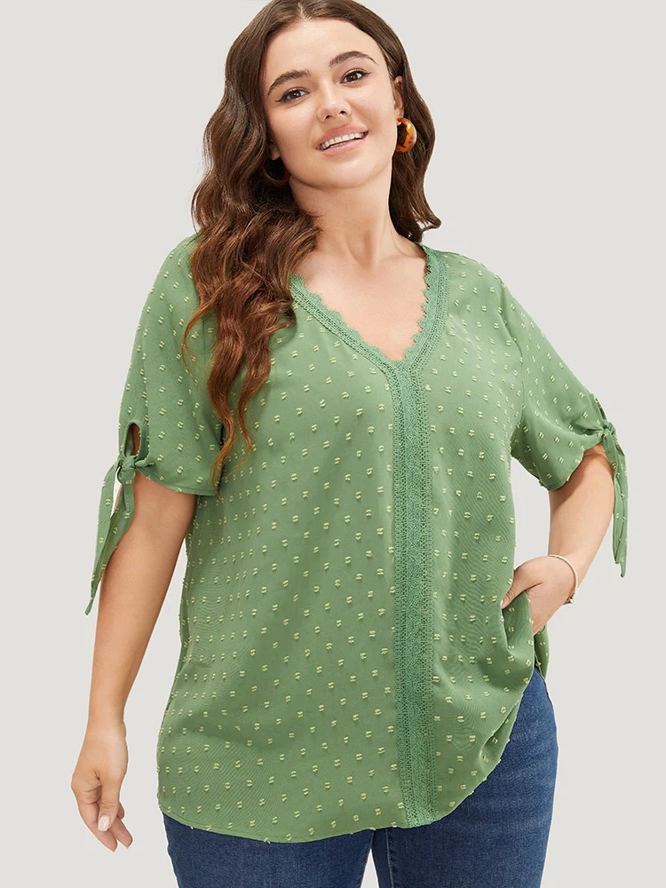 Polka Dot Knotted Sleeve Lace Blouse