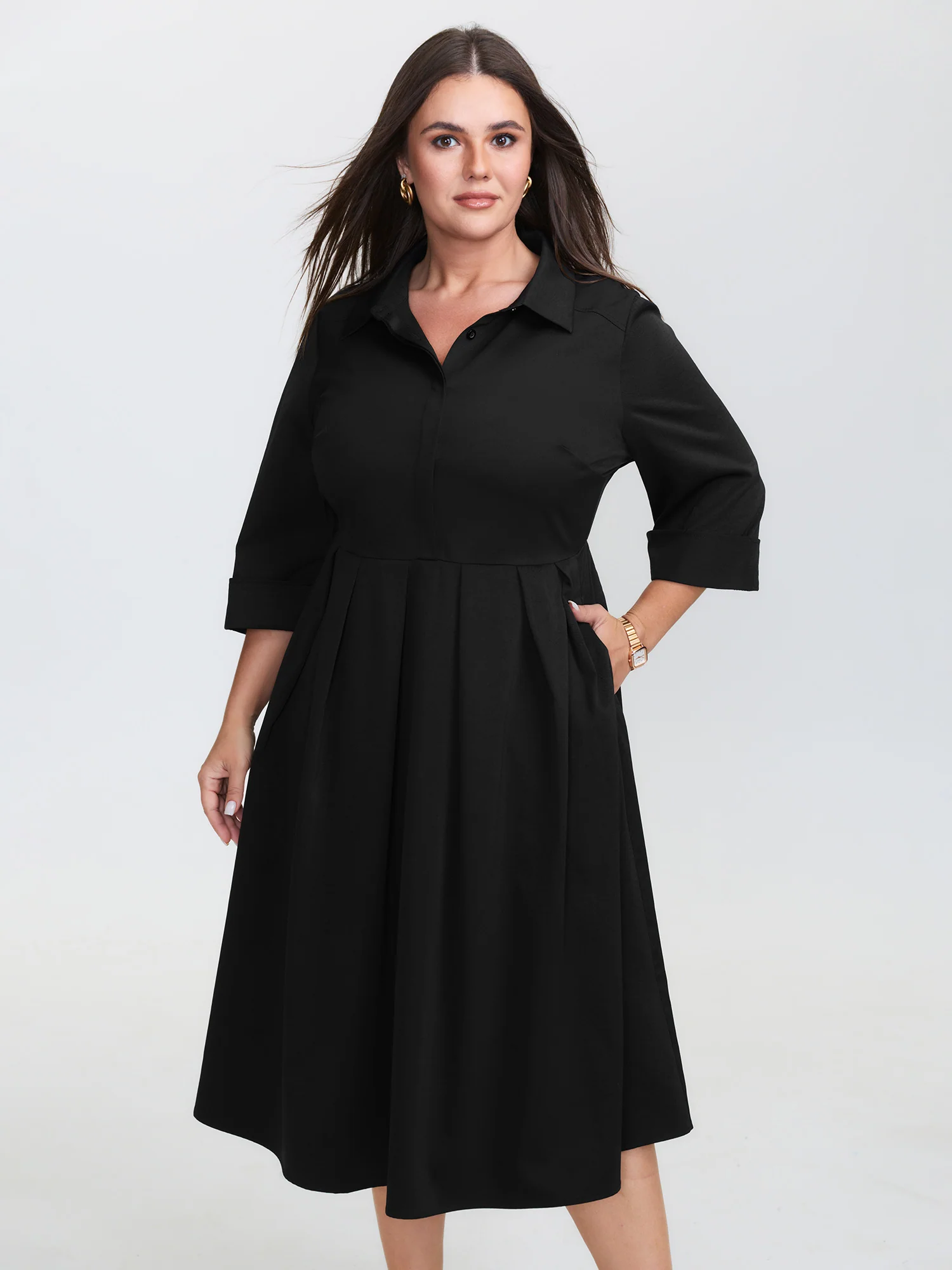 Pleated Placket Flowy Solid Color Midi Dress