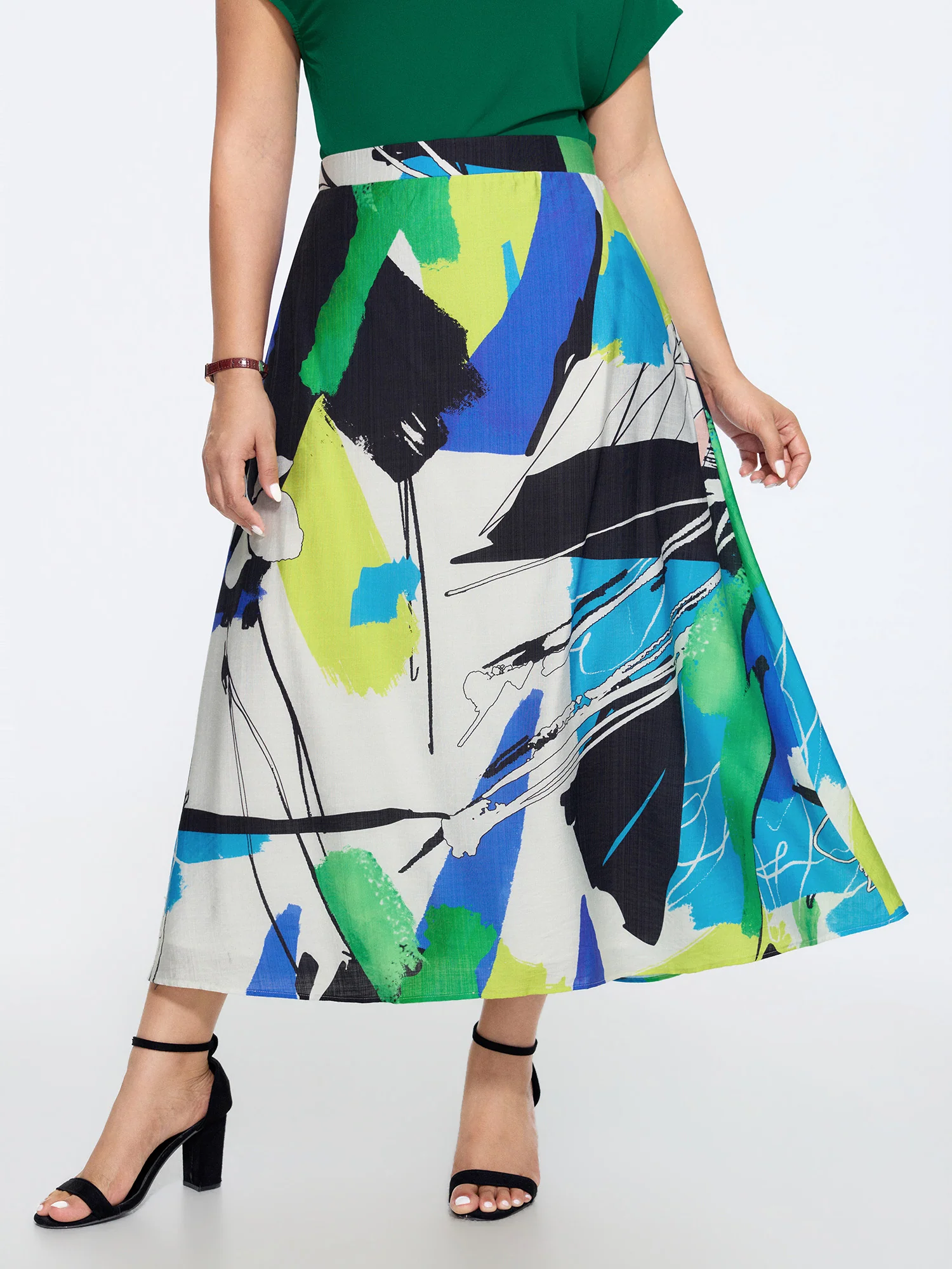 Abstract Art Print Elastic Waist Midi Skirt
