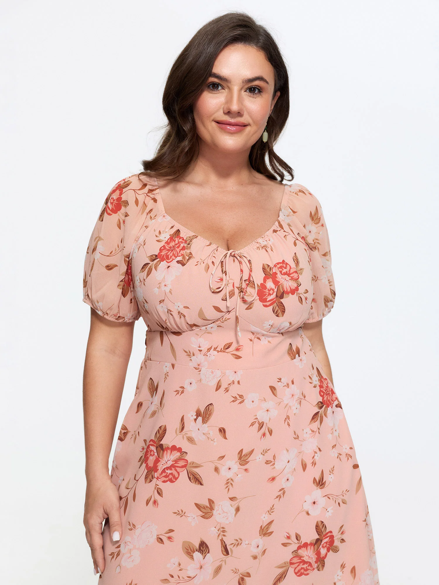 Soft Floral Print Shirred Waist Midi Dress